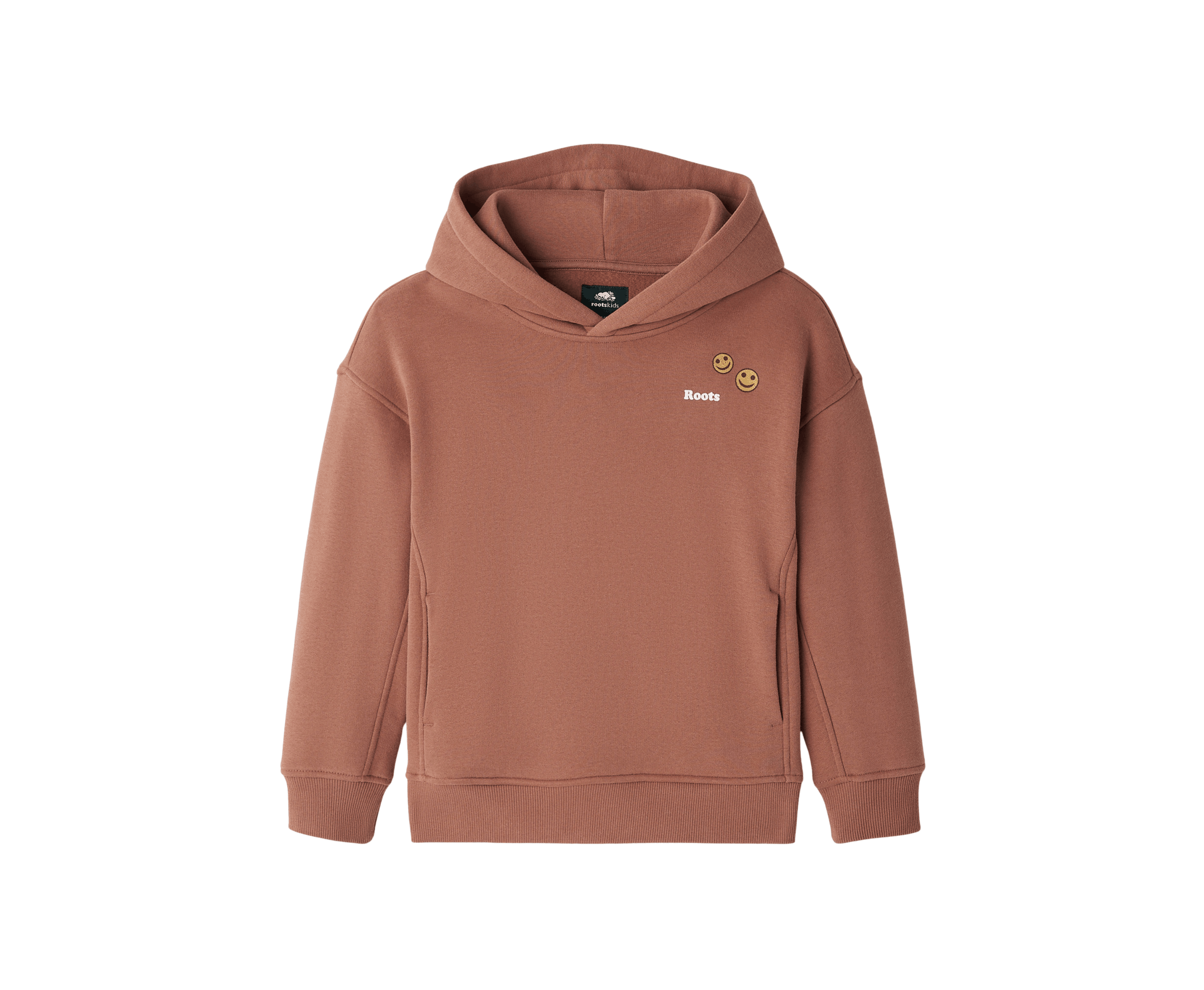 A dusty rose brown pullover hoodie with a small embroidered yellow smiley face and the word 'Roots' on the left chest, displayed on a clean white background.