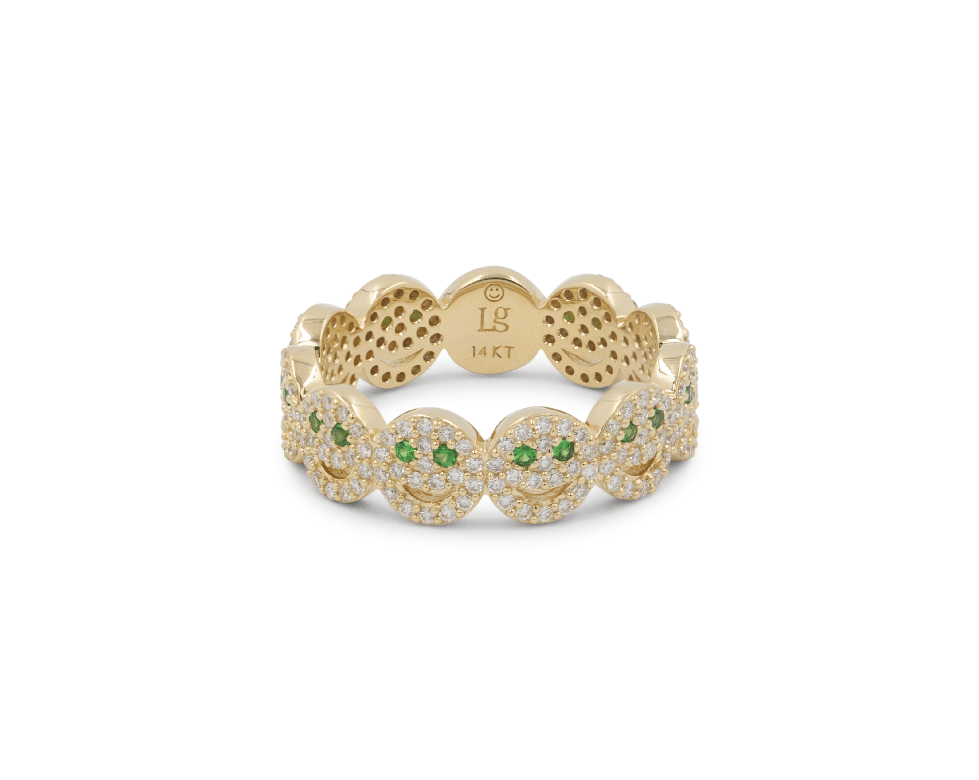 14K yellow gold pavé happy face ring with tsavorite and white diamonds