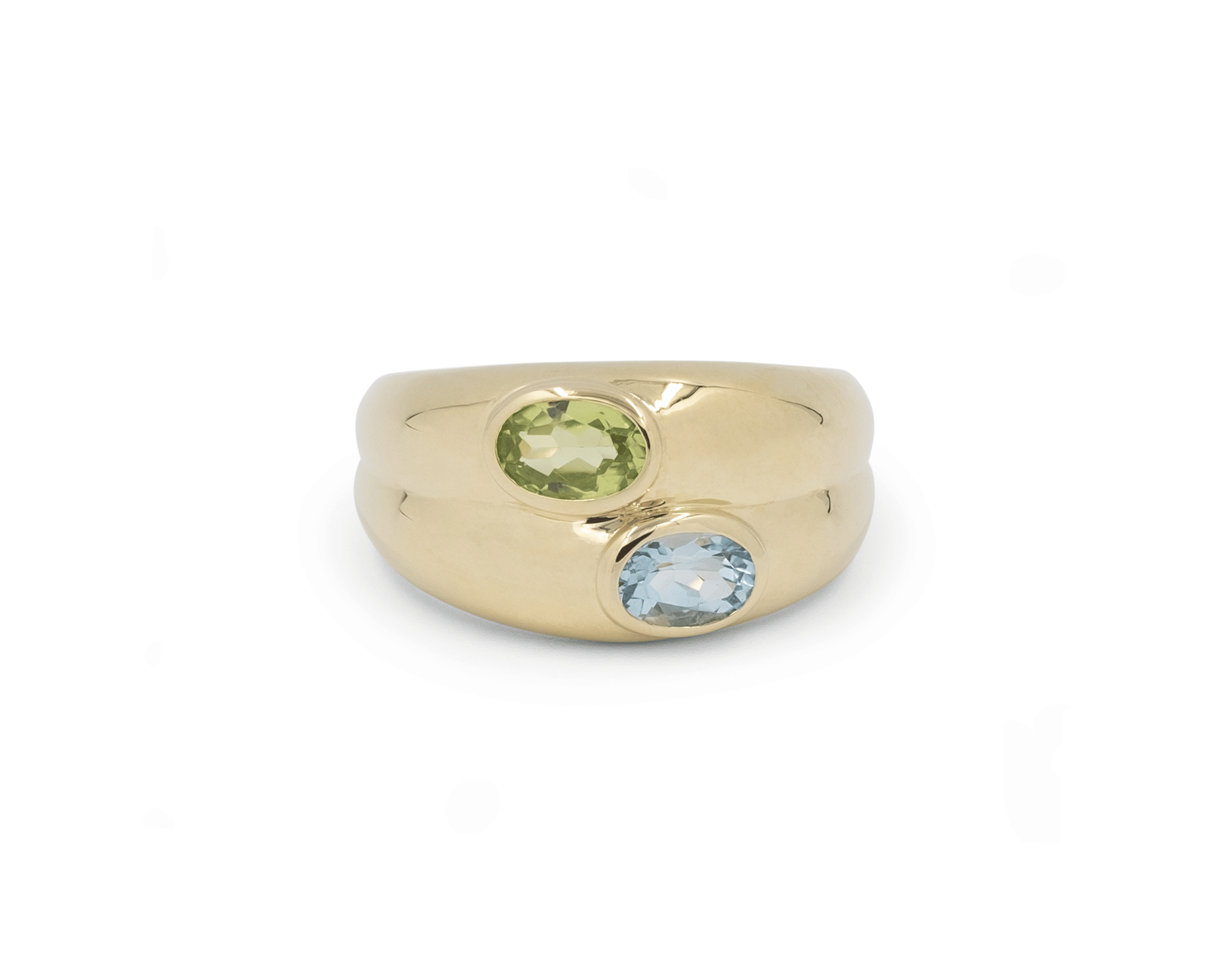 Yellow gold ring with peridot and blue topaz gemstone accents