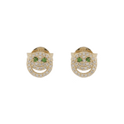 Pavé happy face stud earrings in 14K yellow gold with white and green stones
