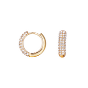 Gold crystal huggie hoop earrings, shown front and side