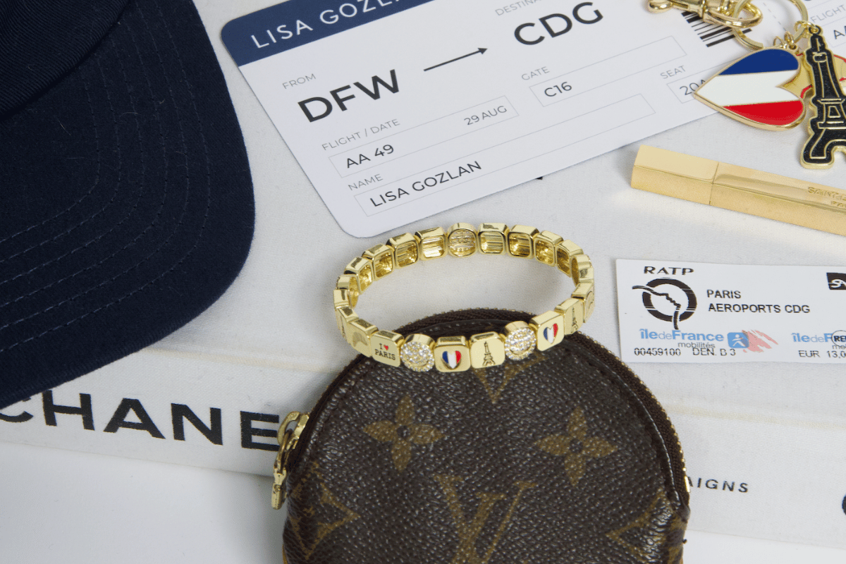 Louis Vuitton coin purse with gold handle on a Chanel branded surface