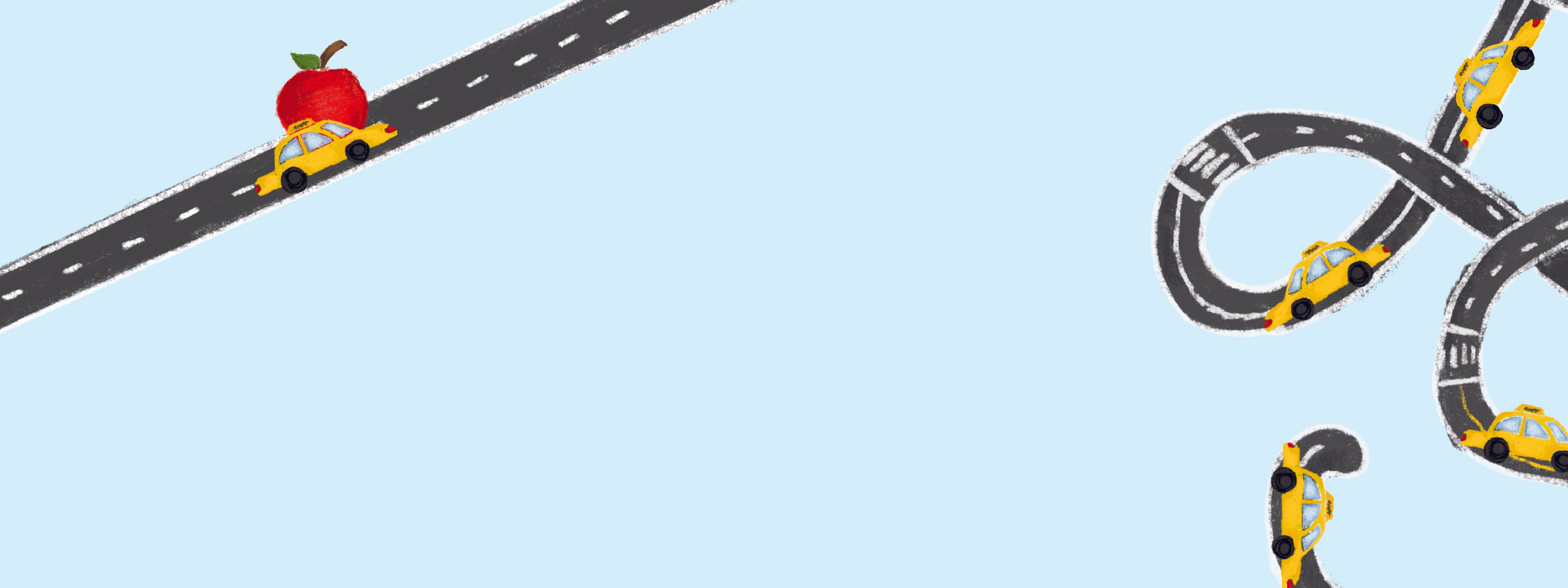 Two roads with toy cars and an apple on a light blue background