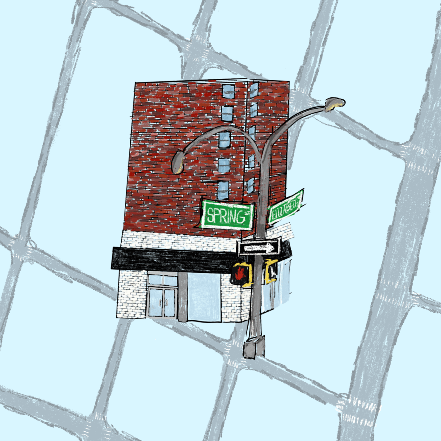 Illustration of a street corner with a red brick building, street signs, and traffic lights.