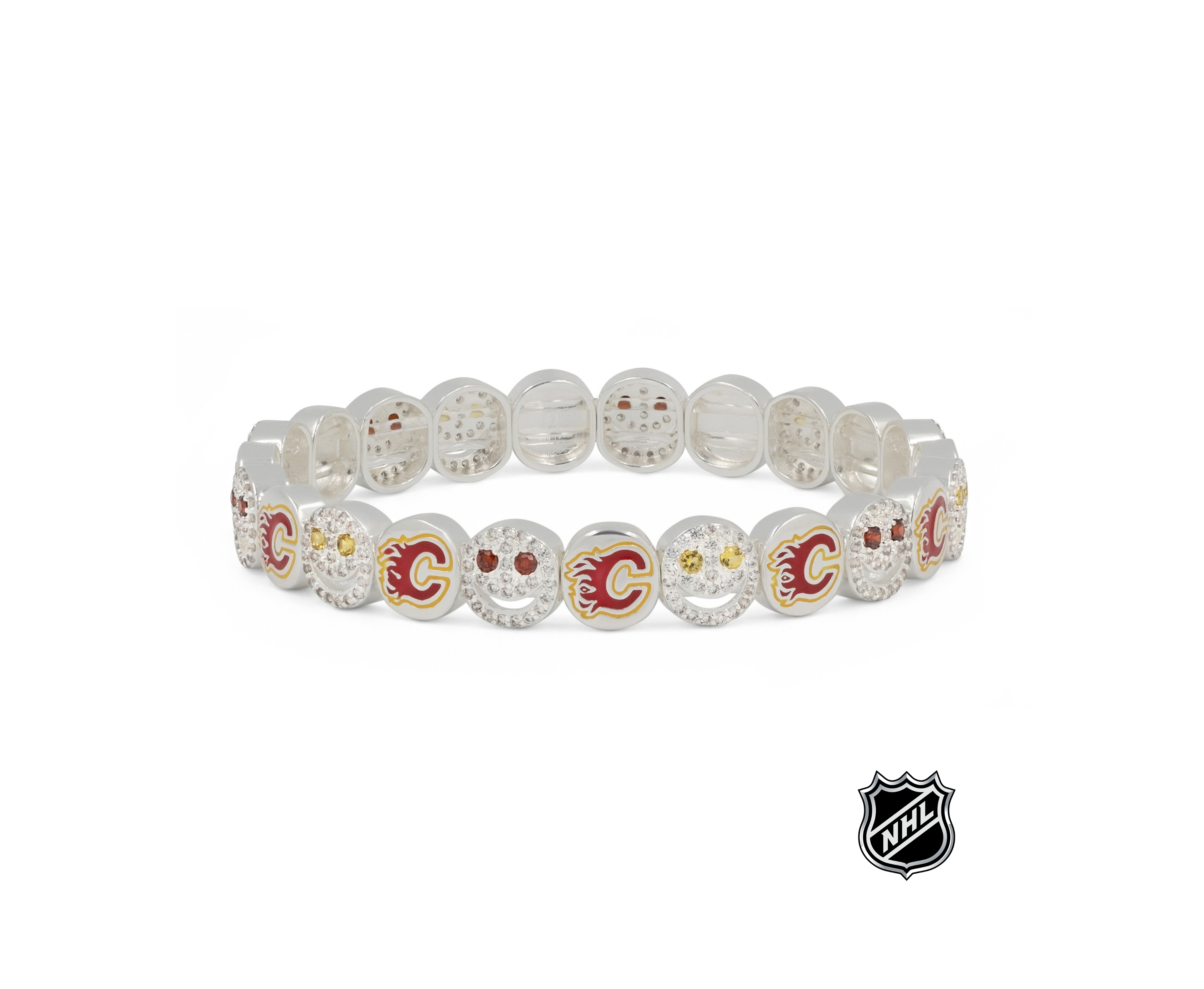 Silver-tone NHL charm bracelet with round bead charms and colorful team logo medallions