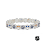 White beaded stretch bracelet with blue and orange team logos and crystal-like accents.