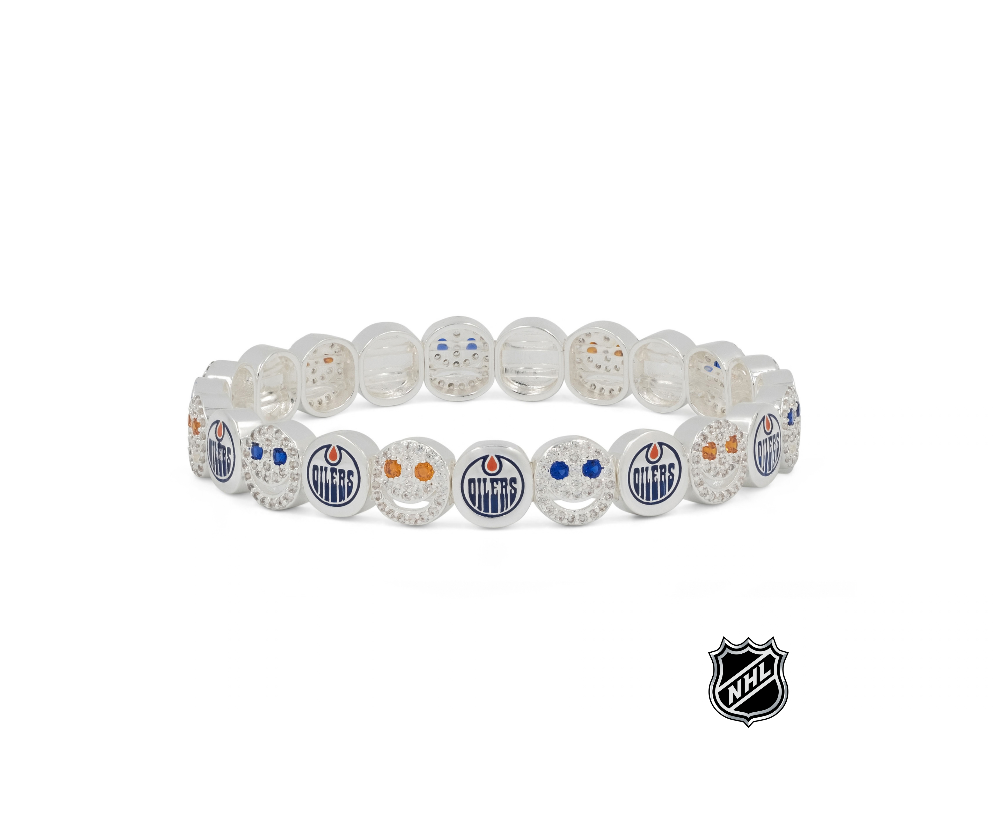 White beaded stretch bracelet with blue and orange team logos and crystal-like accents.