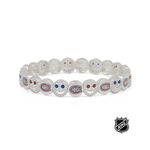 White beaded stretch bracelet with red and blue Montreal-style team logos and dots.
