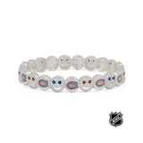 White beaded stretch bracelet with red and blue Montreal-style team logos and dots.