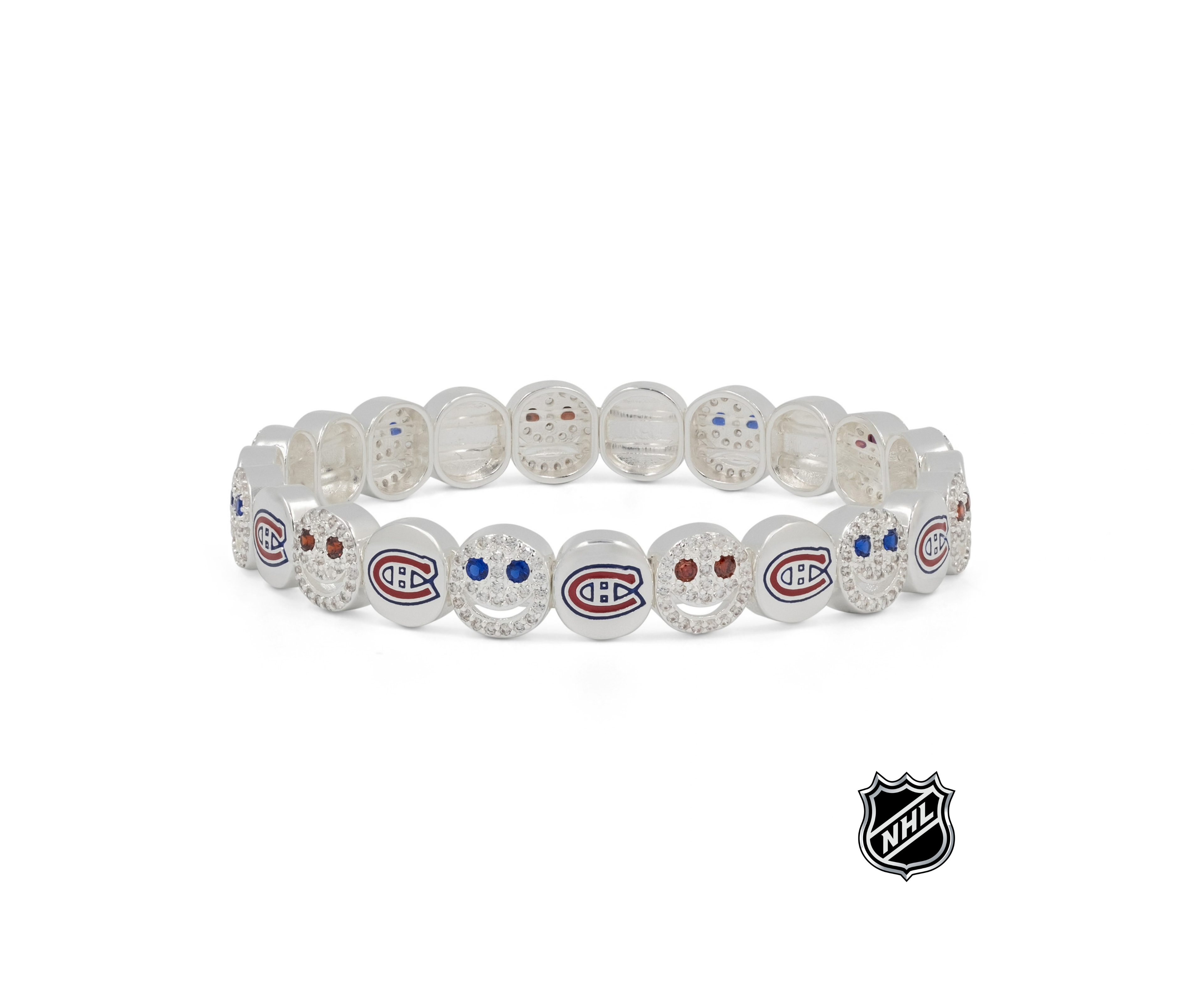 White beaded stretch bracelet with red and blue Montreal-style team logos and dots.