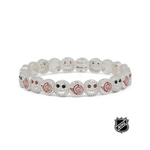 White beaded stretch bracelet with red team logos and small rhinestone-like dots.