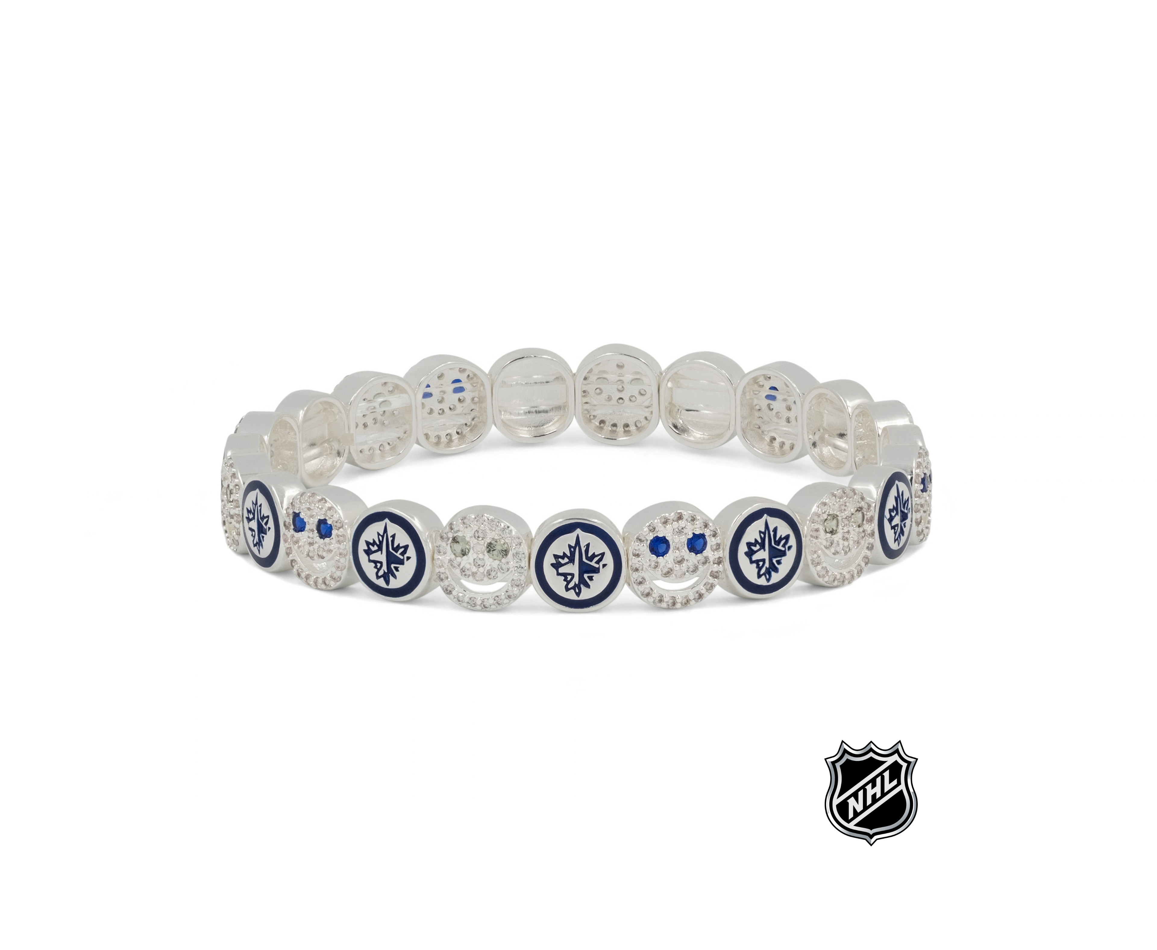 Silver NHL charm bracelet with round beads and blue team crest accents