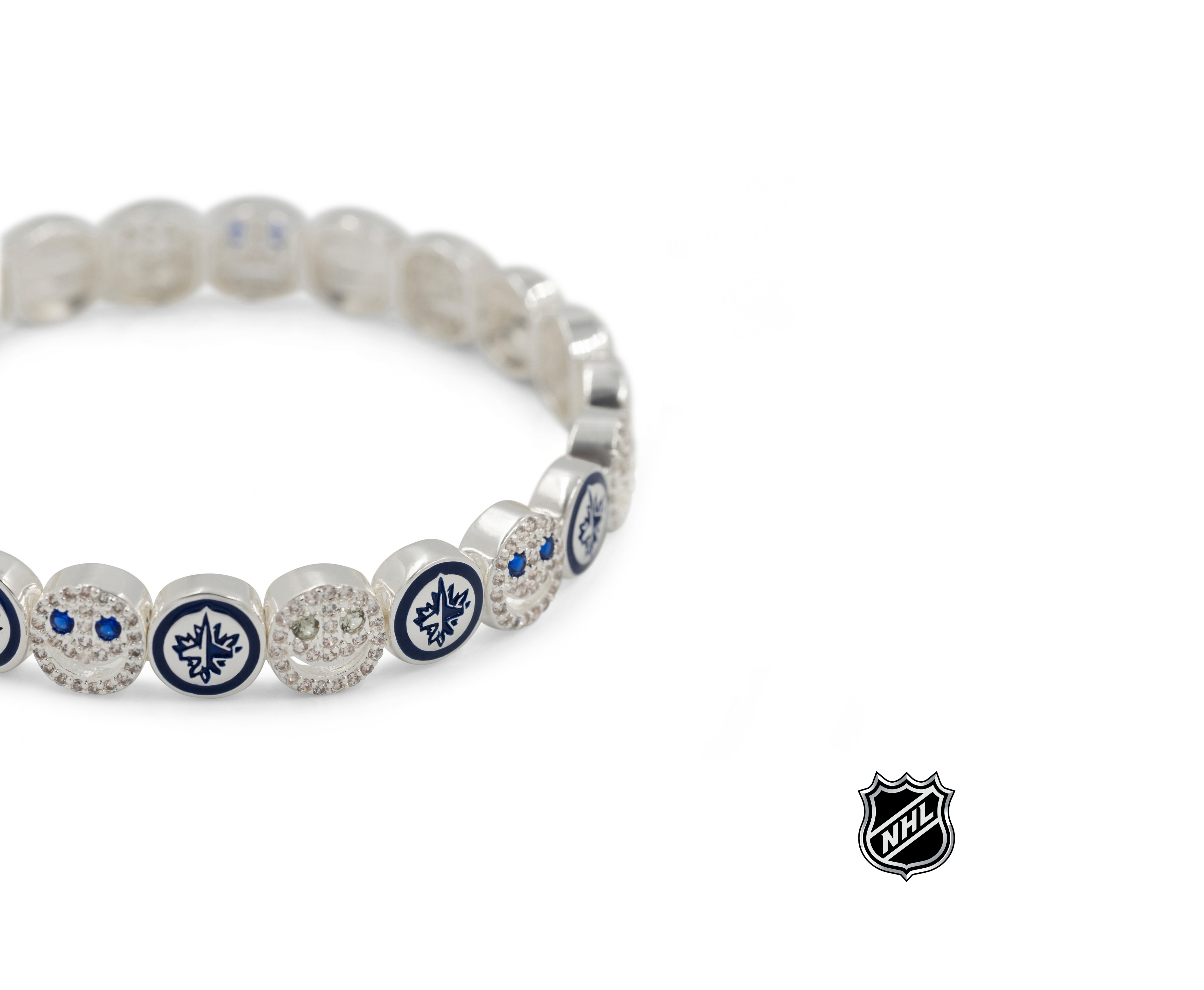 Silver-tone NHL bracelet with round enamel team-logo beads and crystal-accent spacers