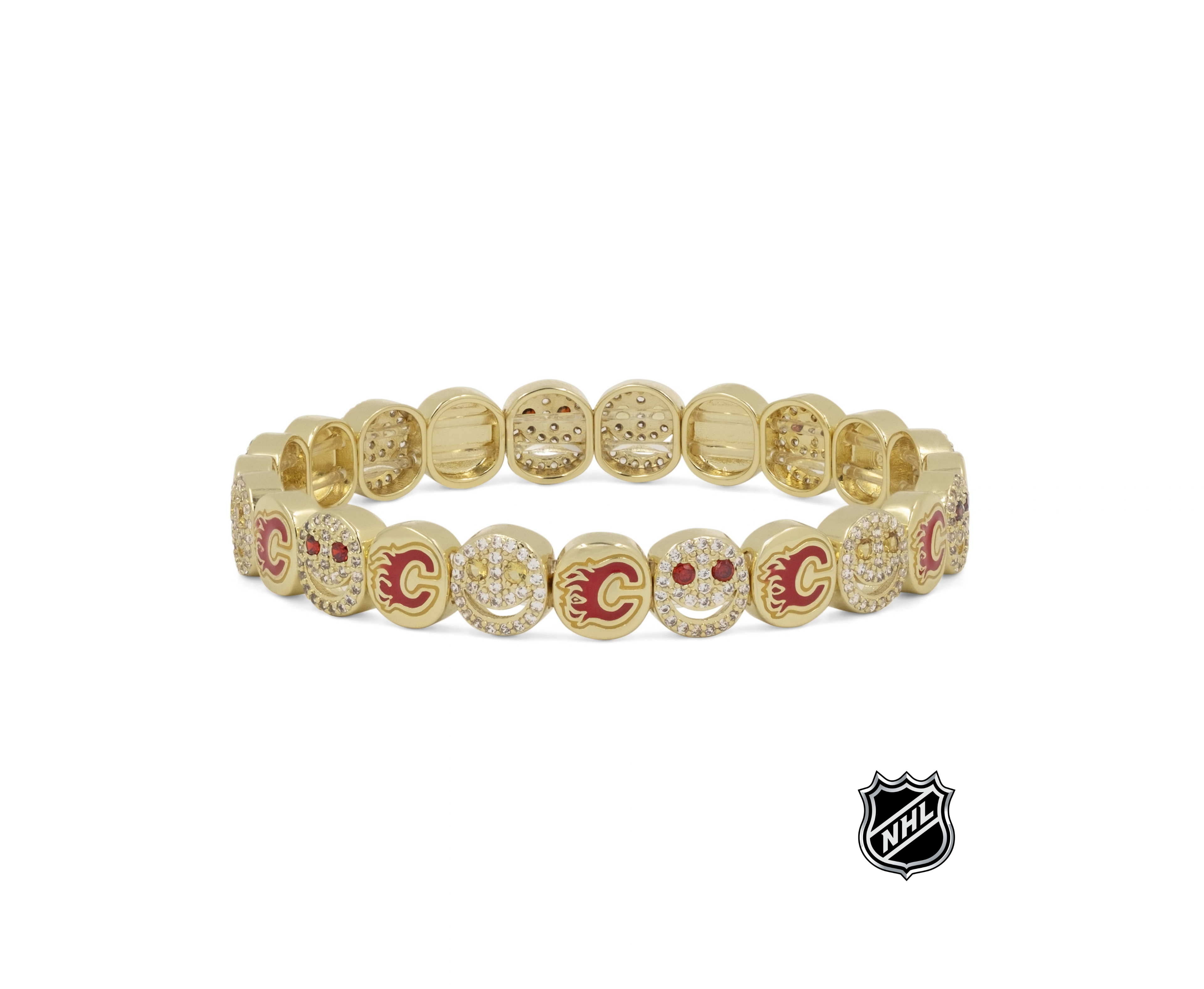 Gold-tone NHL charm bracelet with alternating logo medallions and glitter crystal round beads