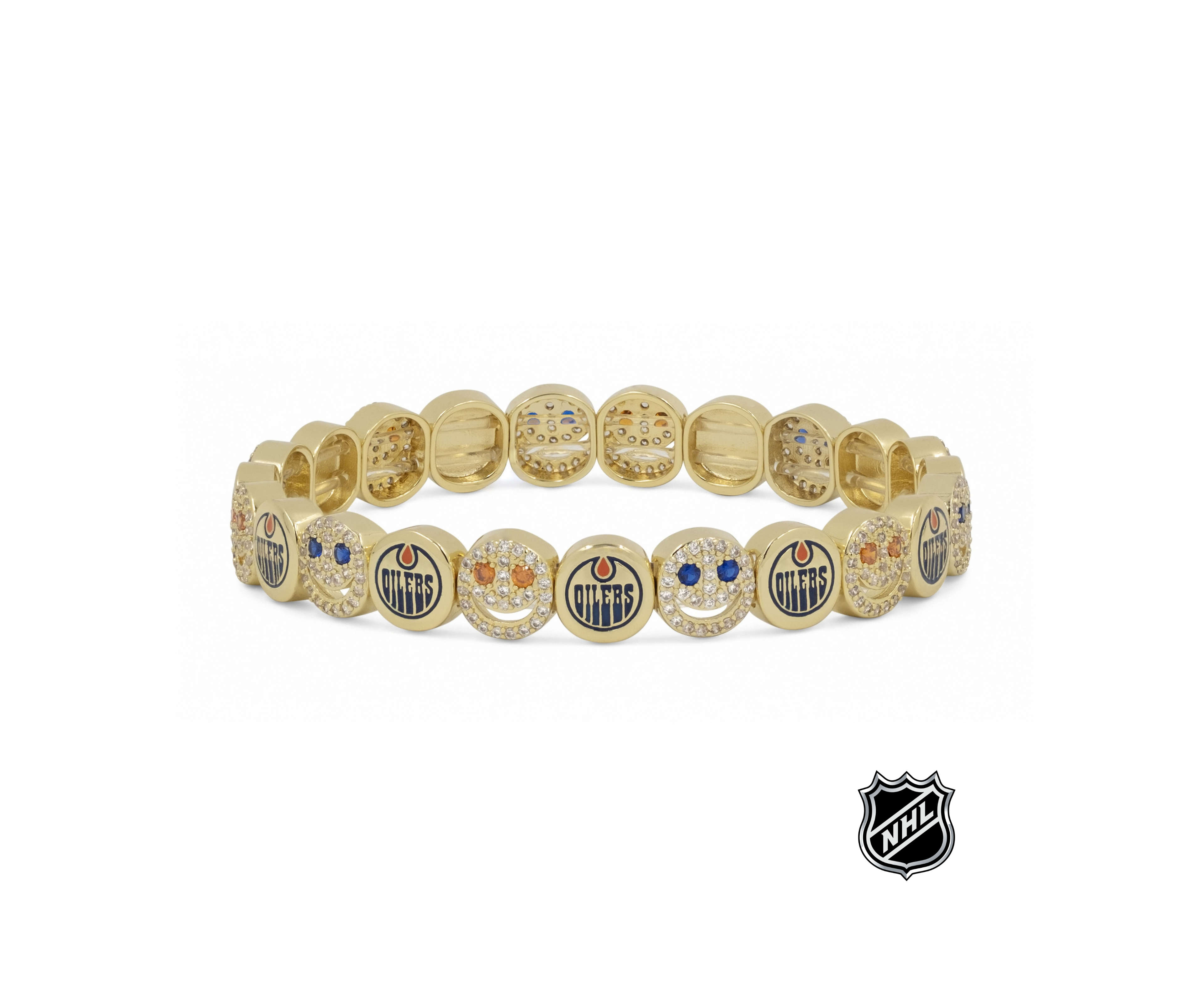 Gold-tone NHL bracelet with round Oilers team-logo beads and crystal-accent detailing