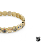 NHL yellow gold bracelet with Edmonton Oilers logo medallions and clear stone accents