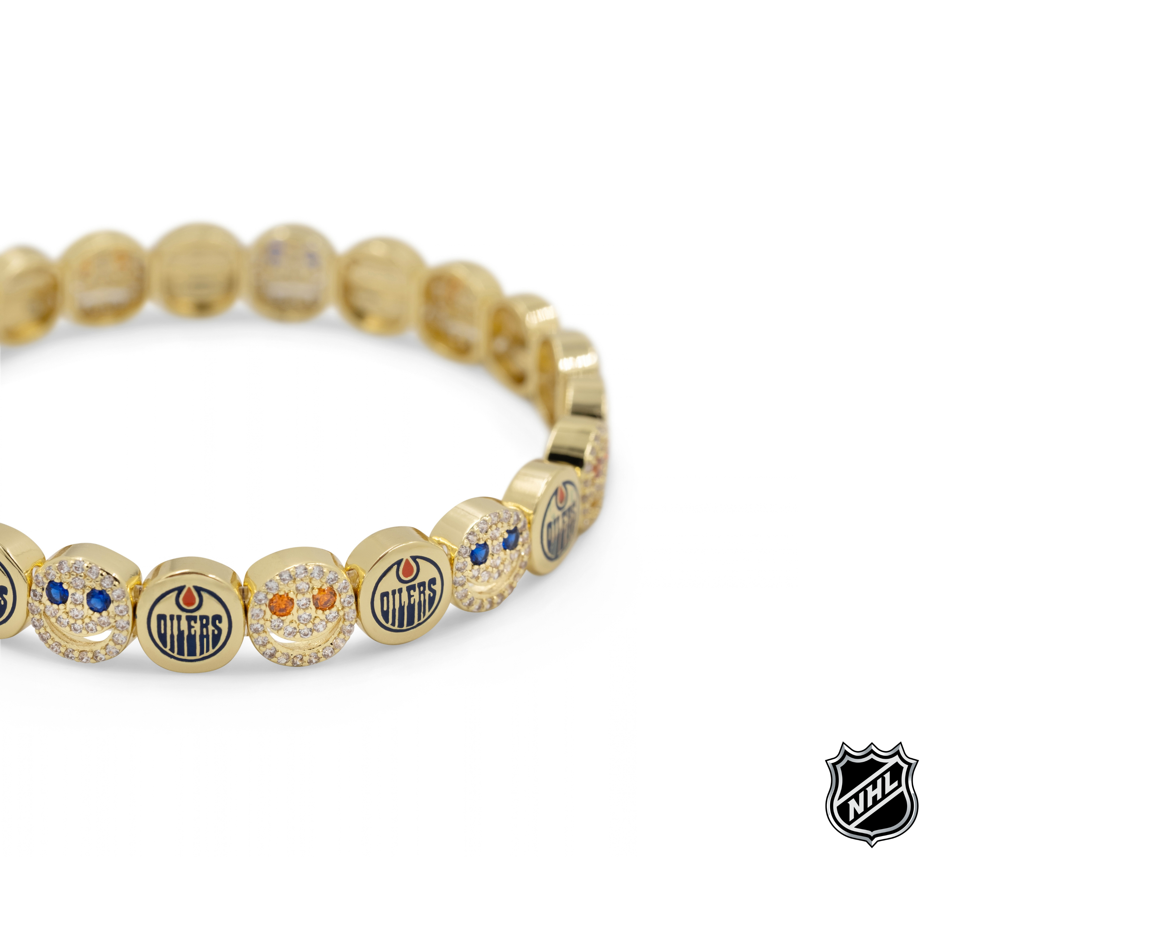 NHL yellow gold bracelet with Edmonton Oilers logo medallions and clear stone accents