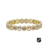 Gold-tone tennis bracelet with round enamel team-logo beads and crystal-studded links