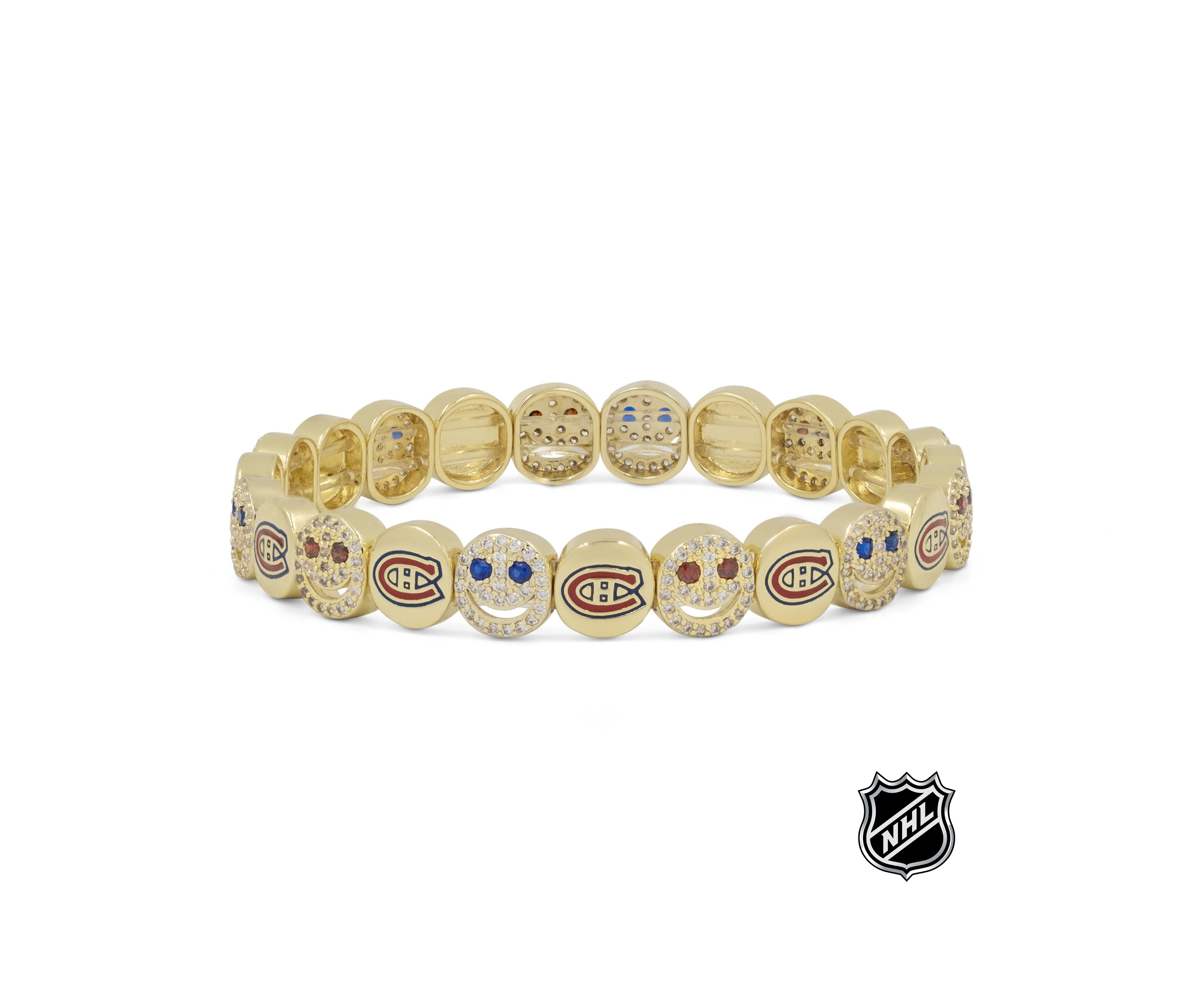 Gold-tone tennis bracelet with round enamel team-logo beads and crystal-studded links
