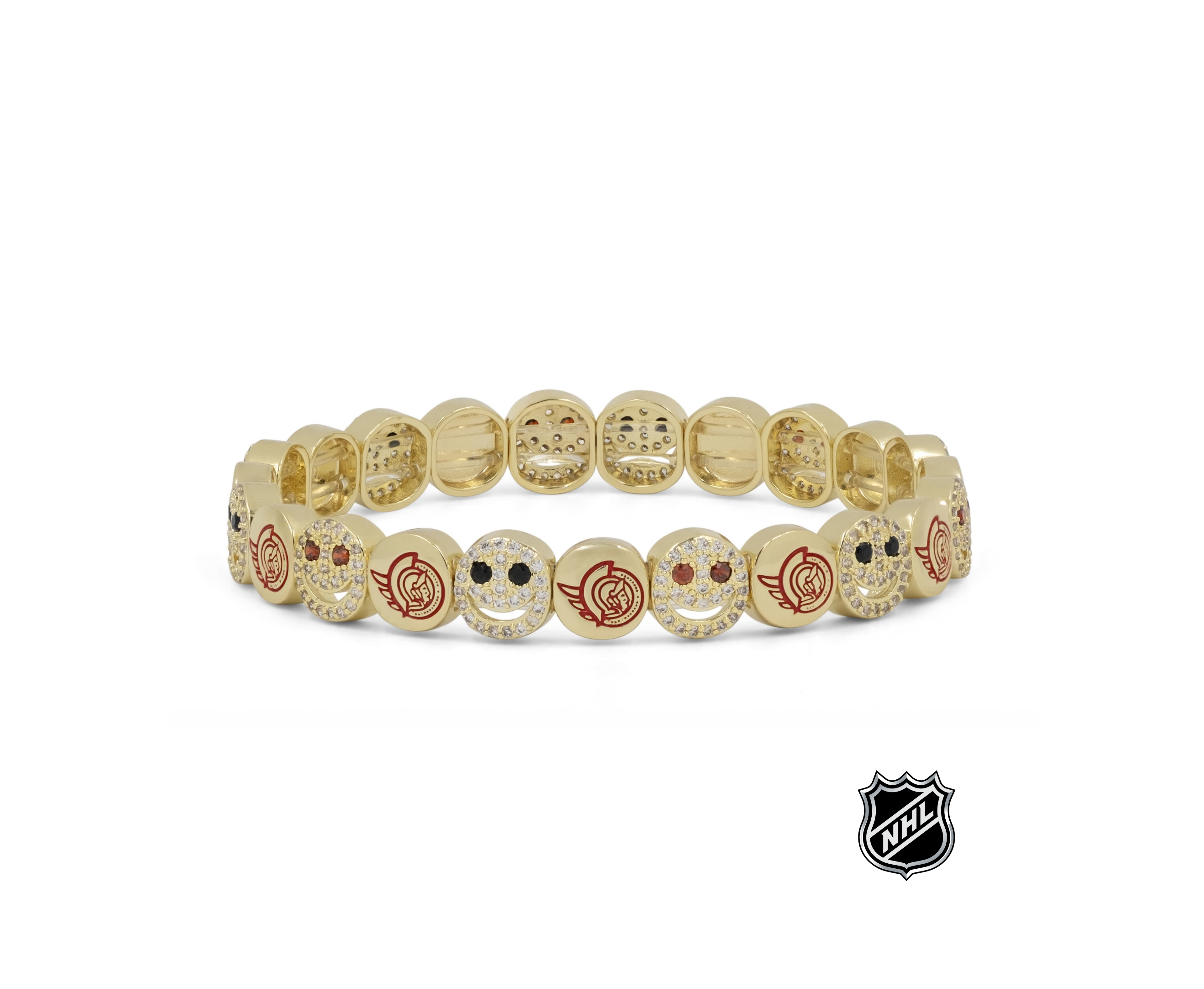 Gold-tone NHL bracelet with round enamel team-logo beads with red and white accents