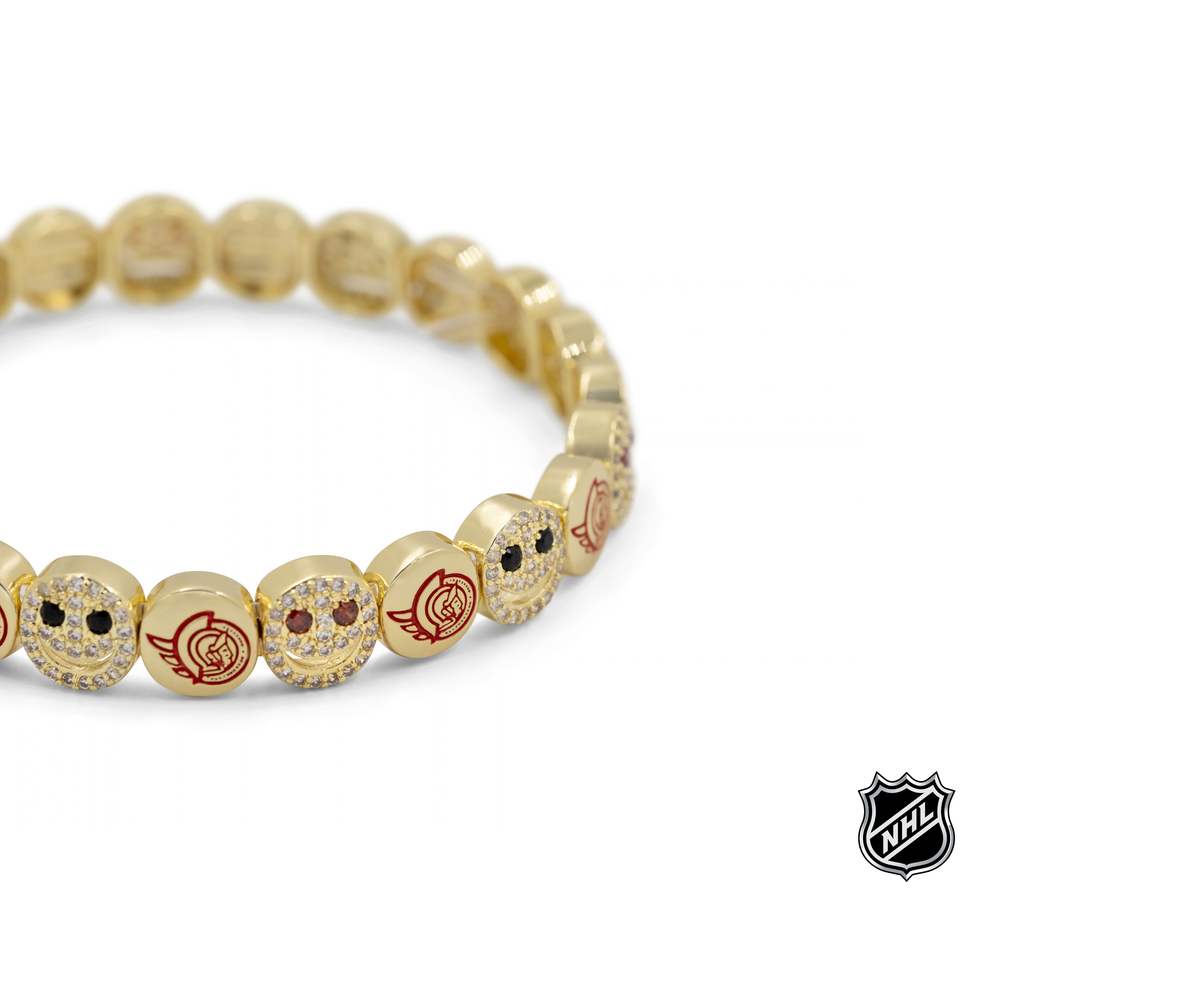 Gold-tone NHL bracelet with round enamel team-logo beads and hinged end clasp
