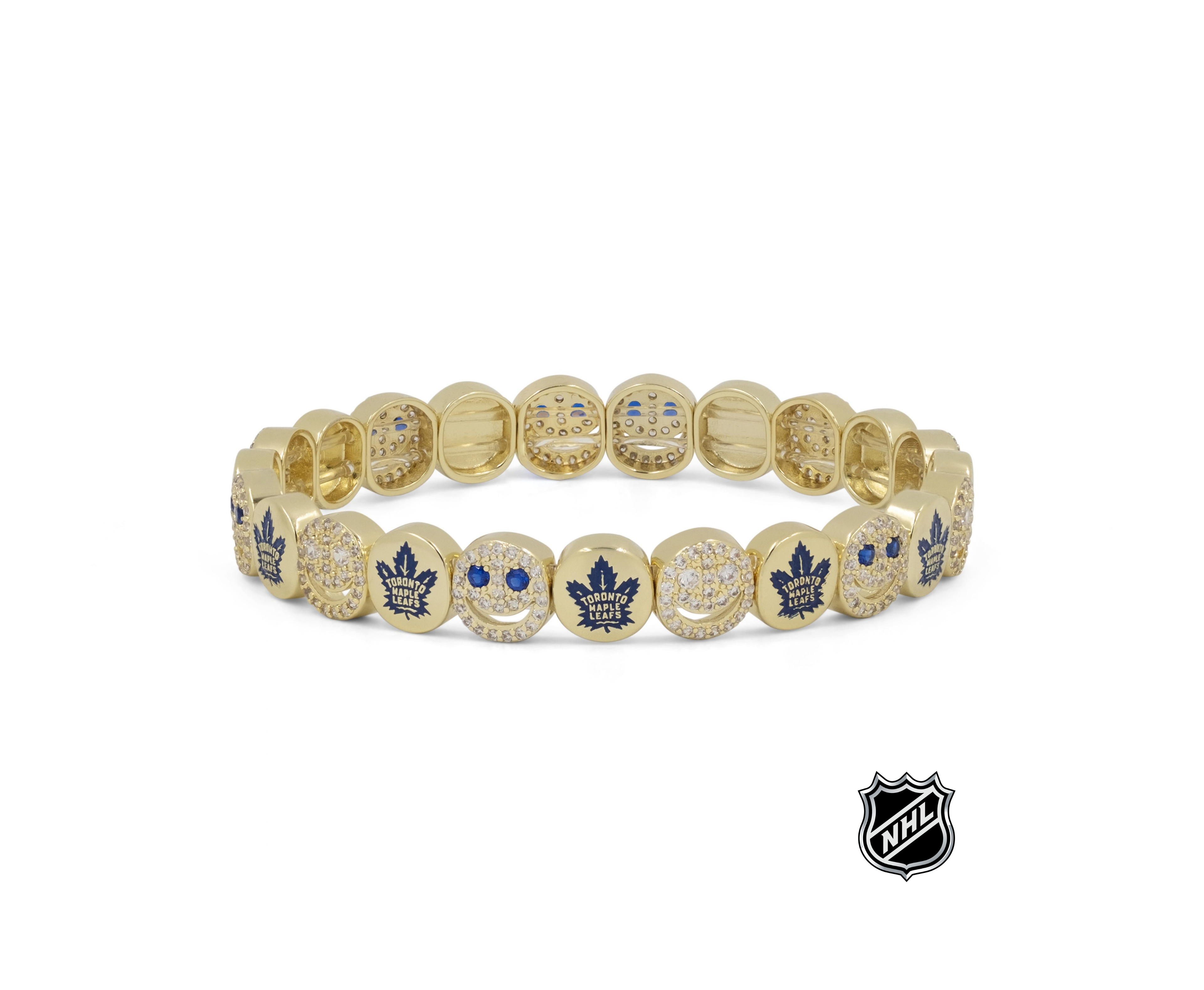 Gold-tone NHL bracelet with alternating smooth and crystal-bezel team-logo beads