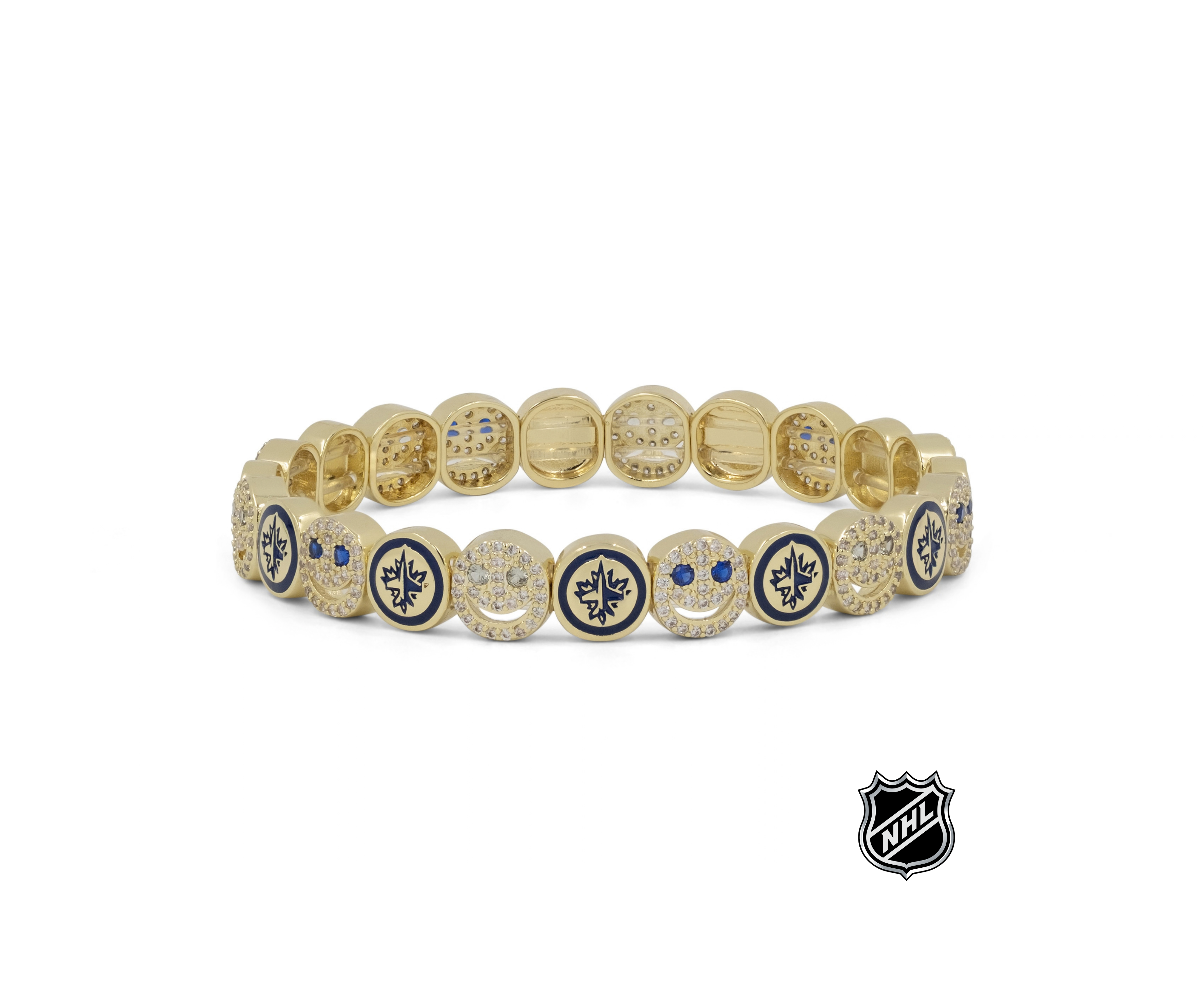 Gold-tone NHL bracelet with round enamel team-logo beads in dark blue accents