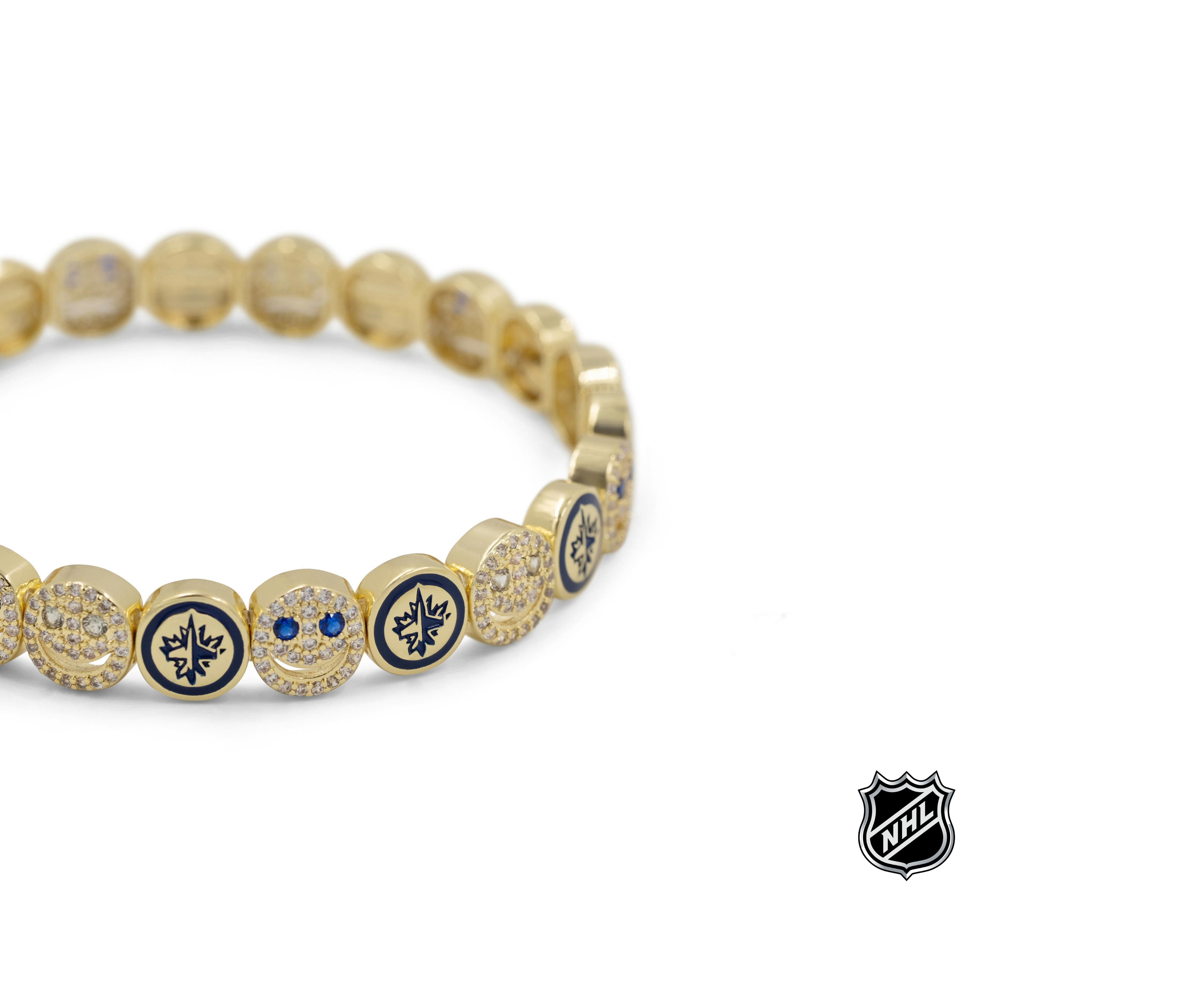 Gold-tone NHL bracelet with round enamel team-logo beads and crystal-accent spacers