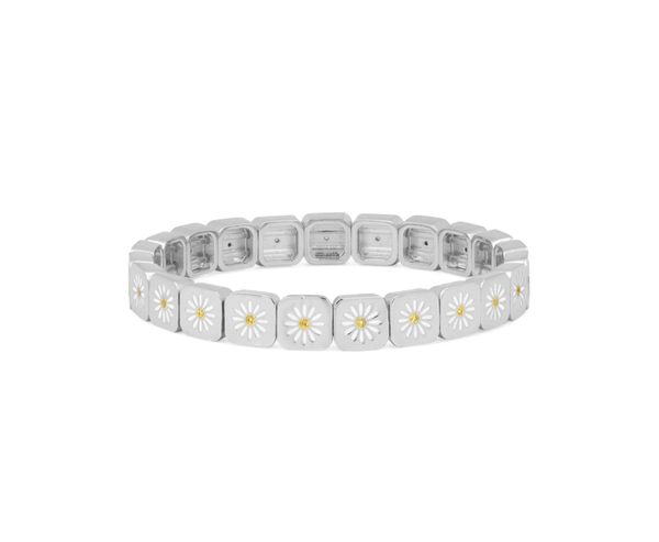 Silver bracelet with square links and floral designs on a white background