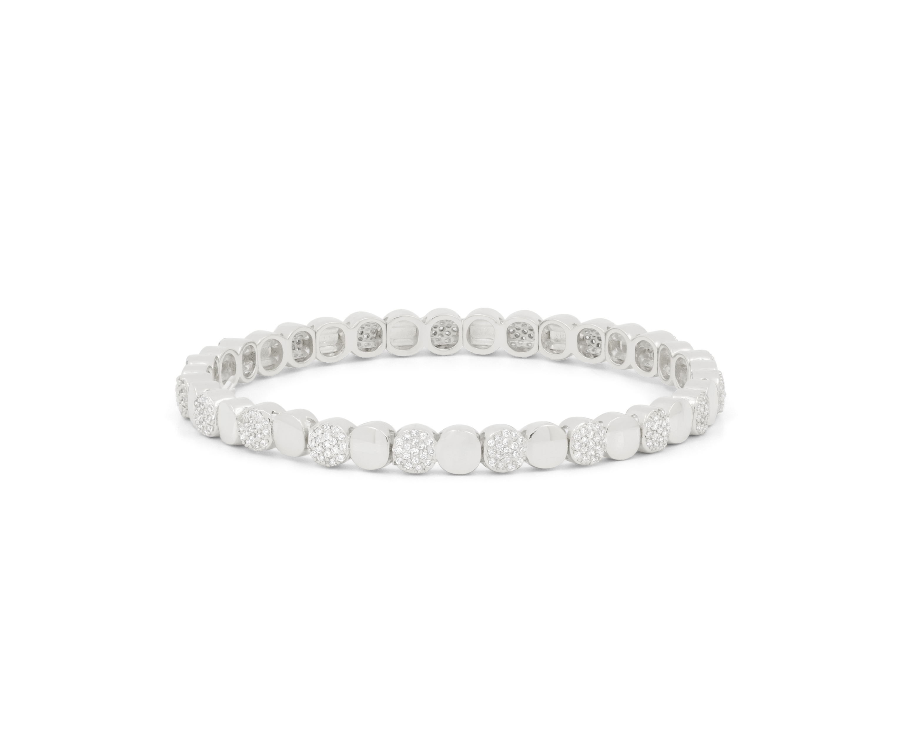 A silver tennis bracelet featuring round pavé-set clear stones, displayed on a clean white background.