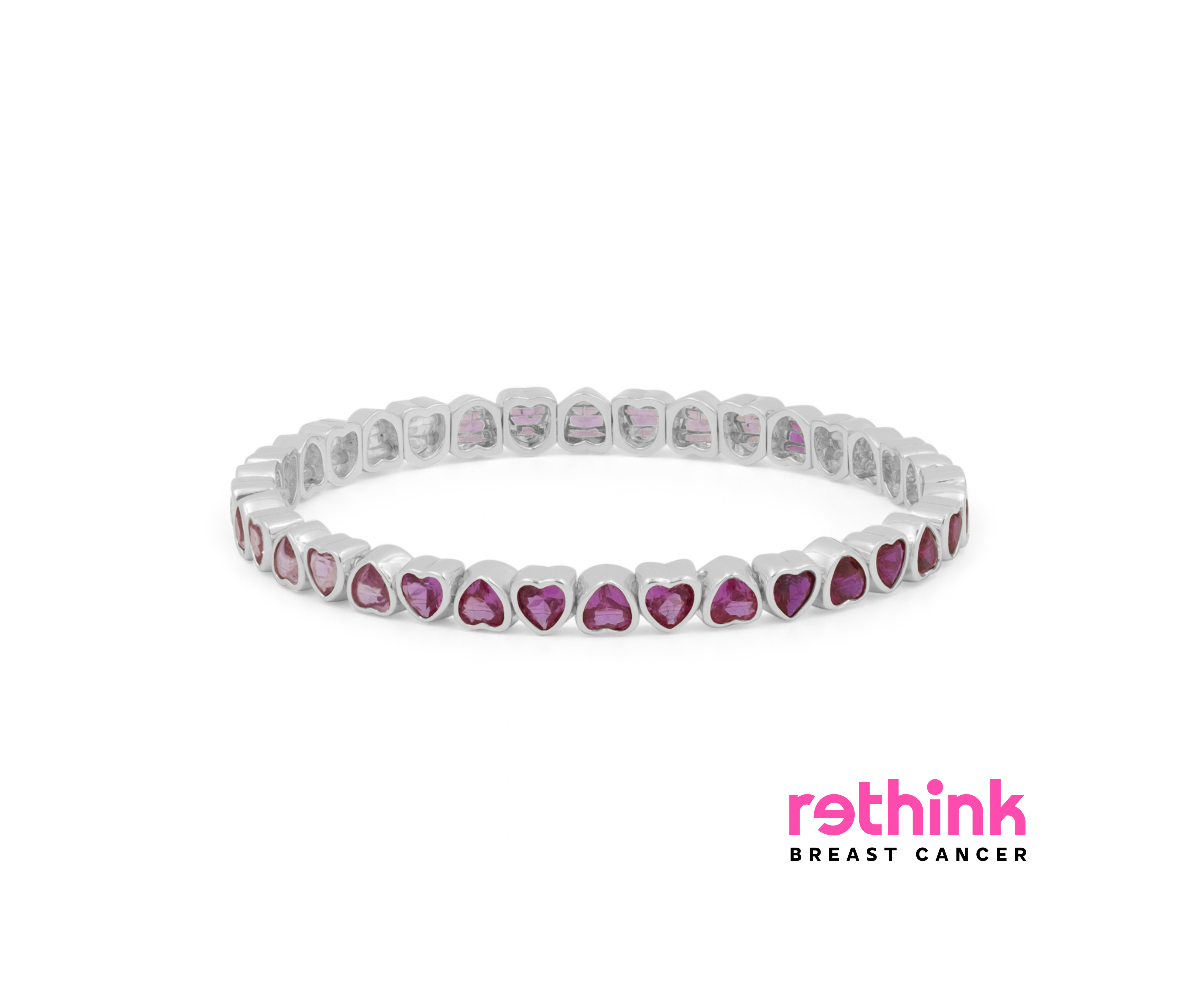 Silver heart tennis bracelet with pink heart gemstones, flex fit