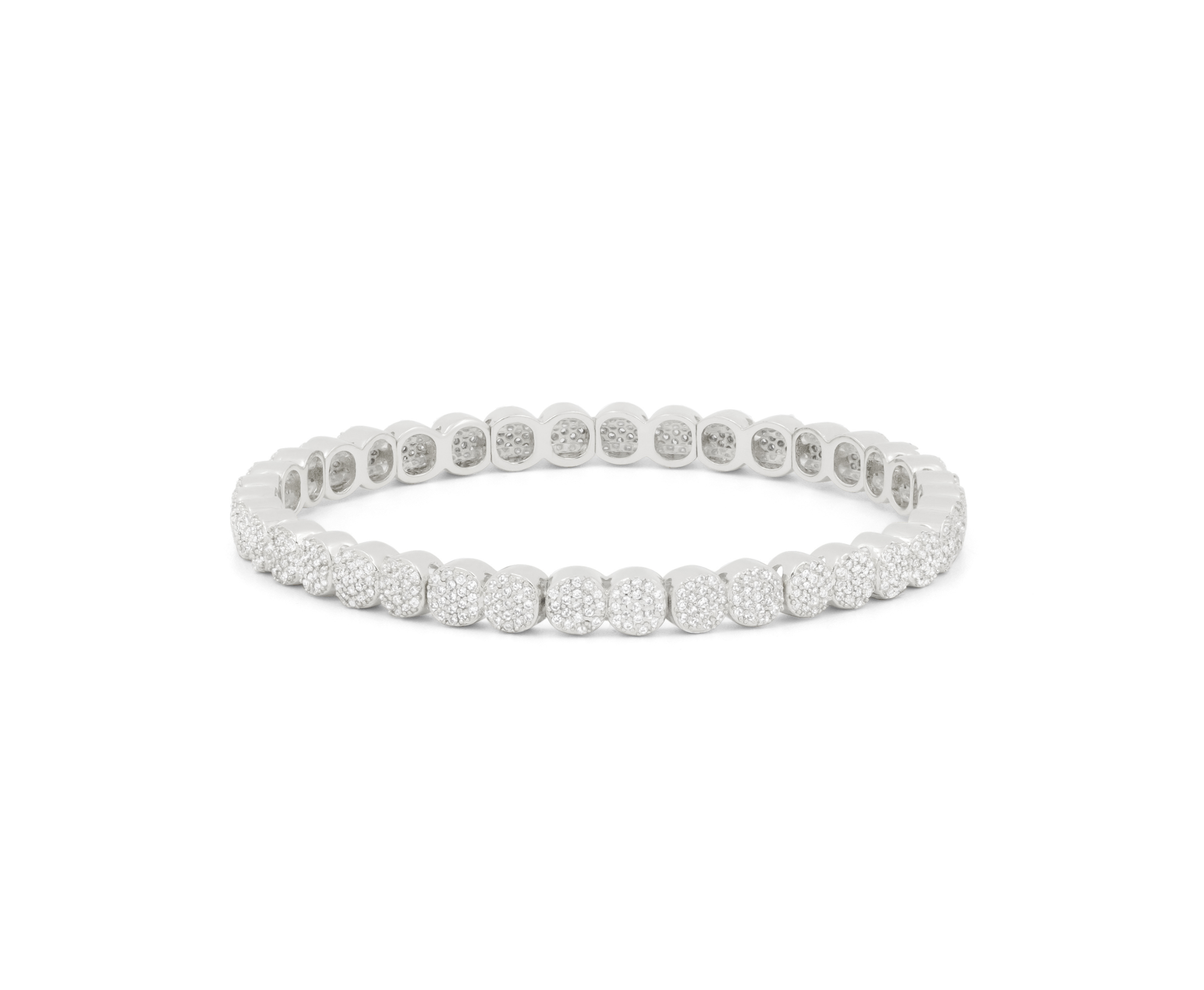 A silver pavé tennis bracelet with round-cut stones, displayed on a clean white background.