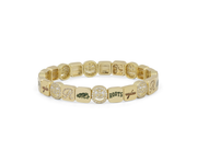 A gold-plated beaded bracelet featuring various sports-themed charms, including the 'ROOTS' logo, a green turtle, a baseball, and diamond-paved accents, displayed on a clean white background.