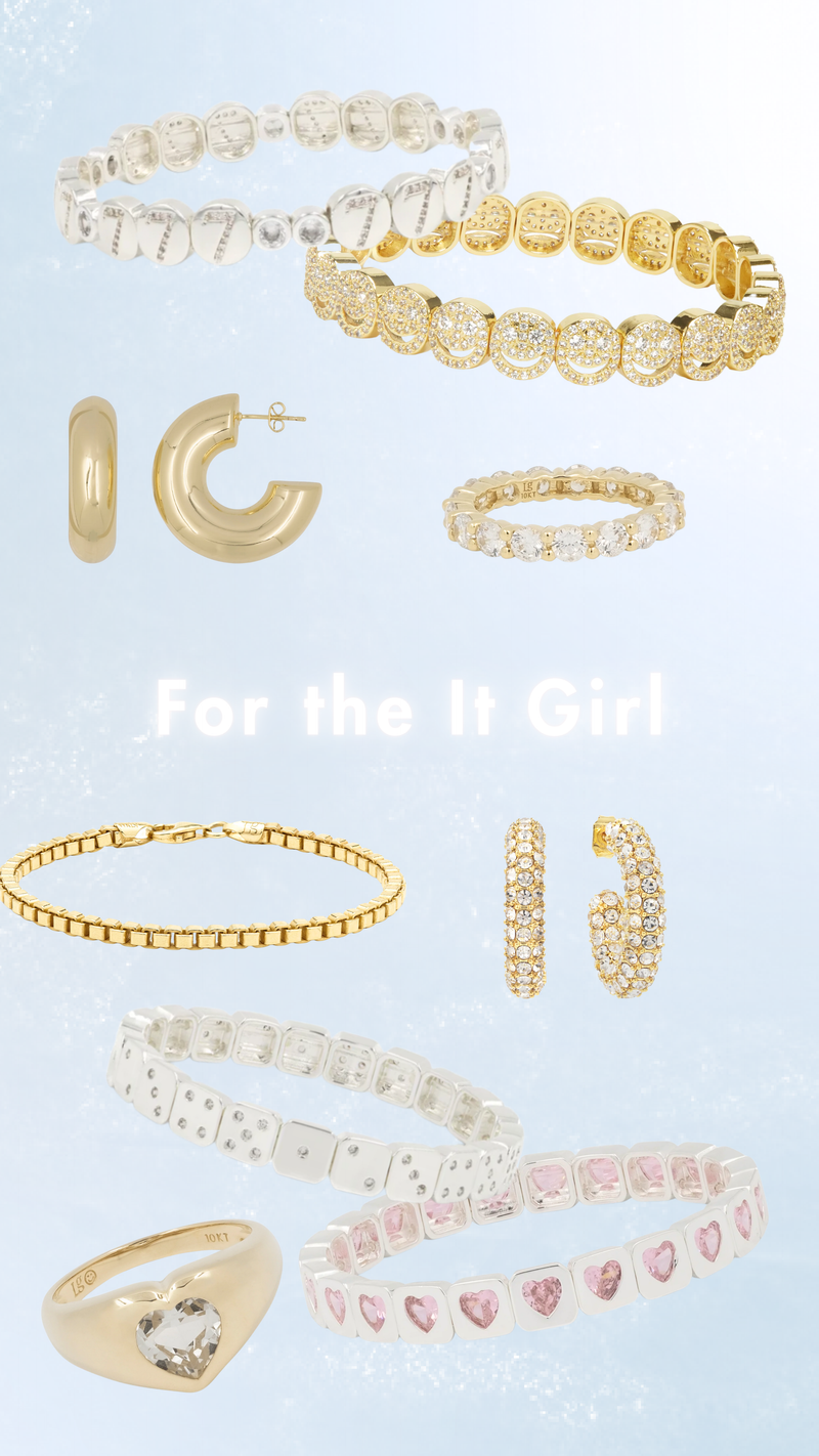Gold jewelry set including bracelets, rings, and earrings on a light blue background with text 'For the It Girl'.