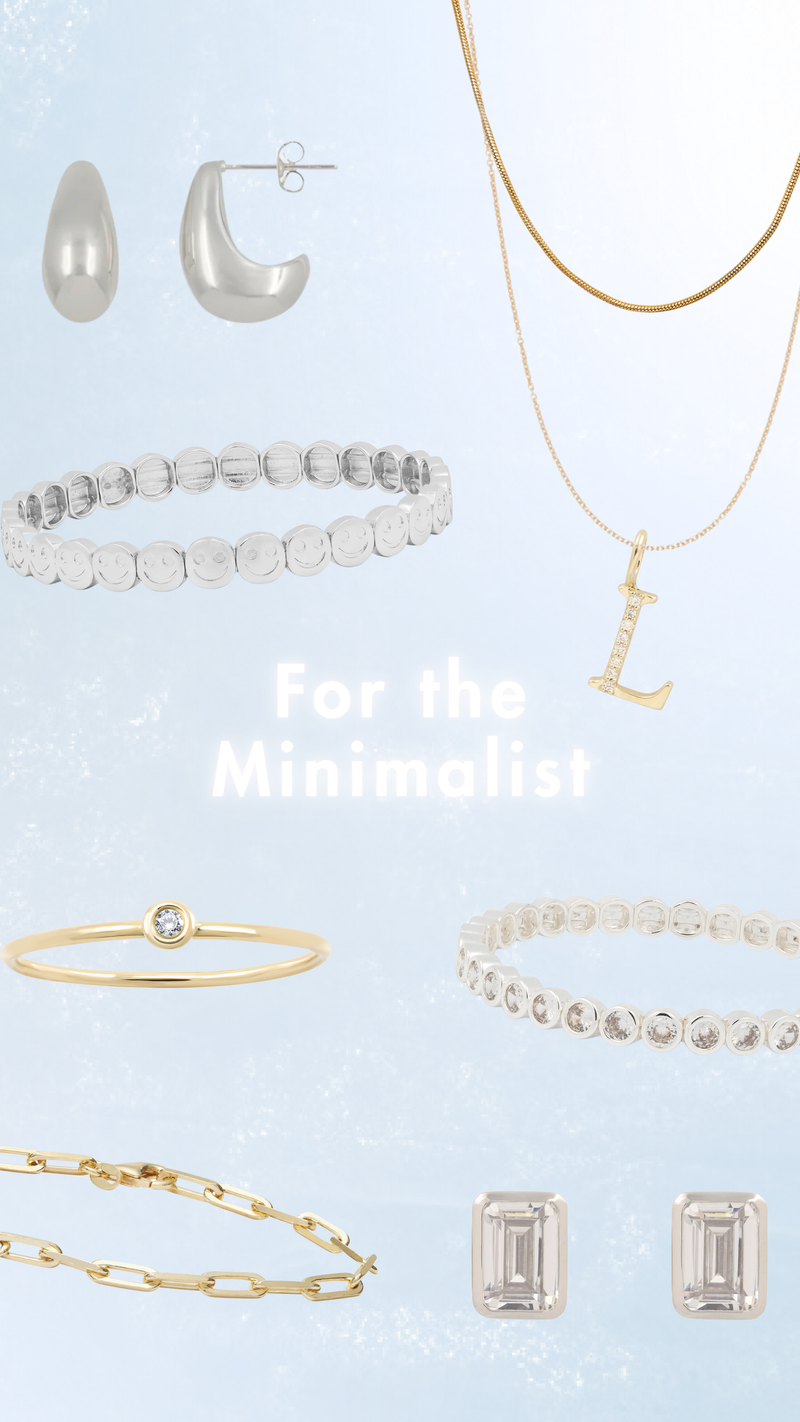 Collection of gold and silver jewelry on a light blue background with text 'For the Minimalist'.