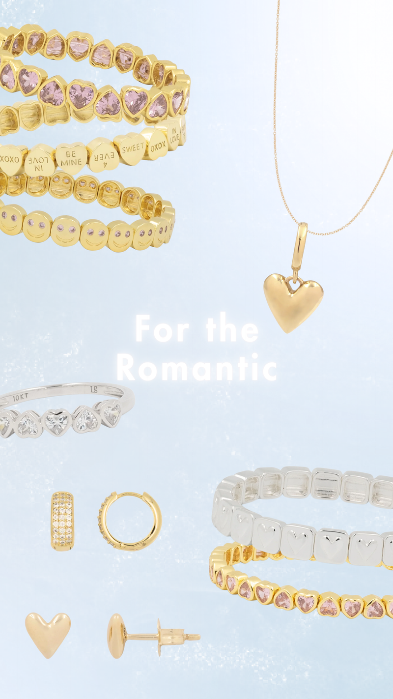 Collection of gold and silver jewelry on a light blue background with text 'For the Romantic'.