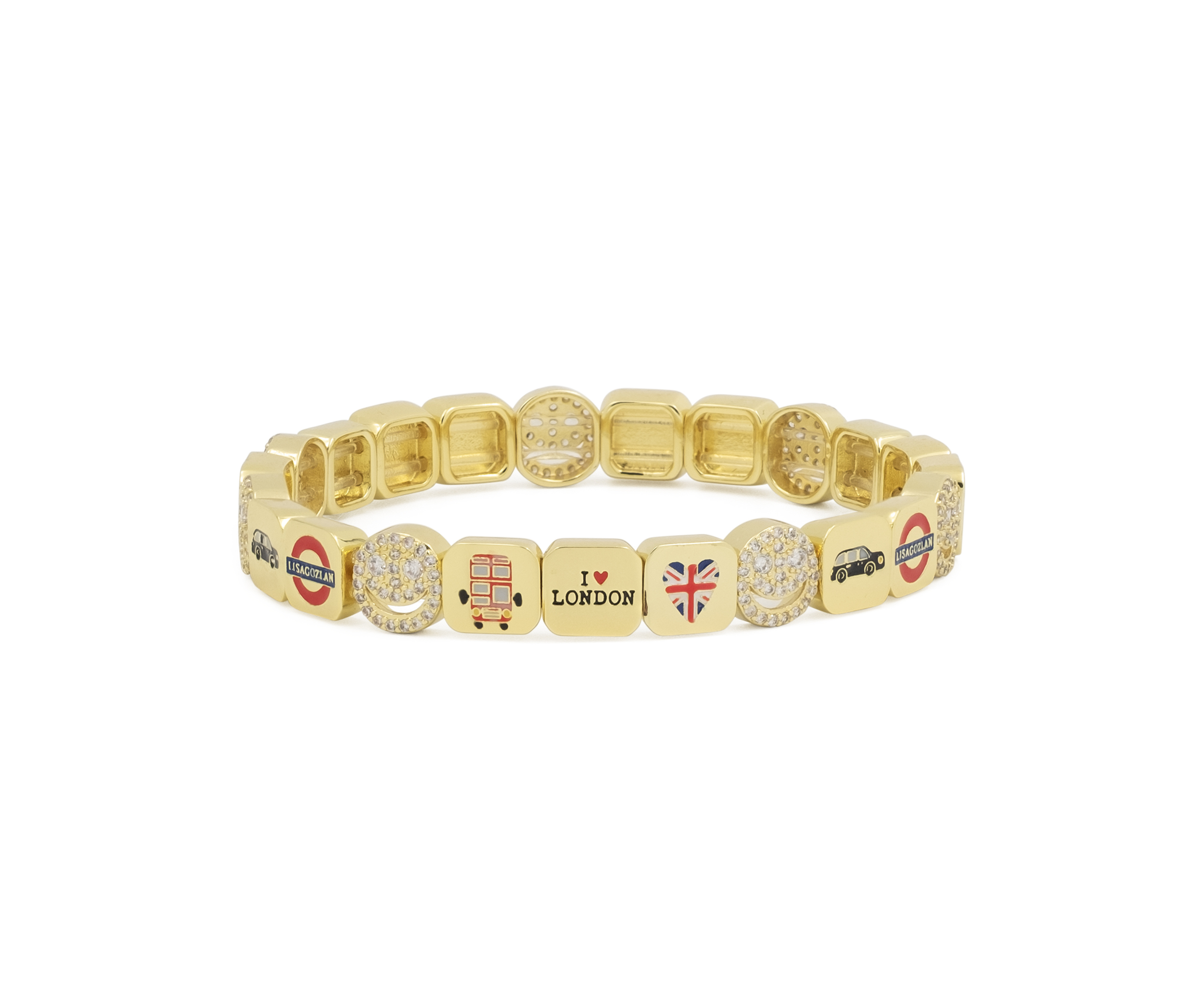 Gold bracelet with various charms on a white background