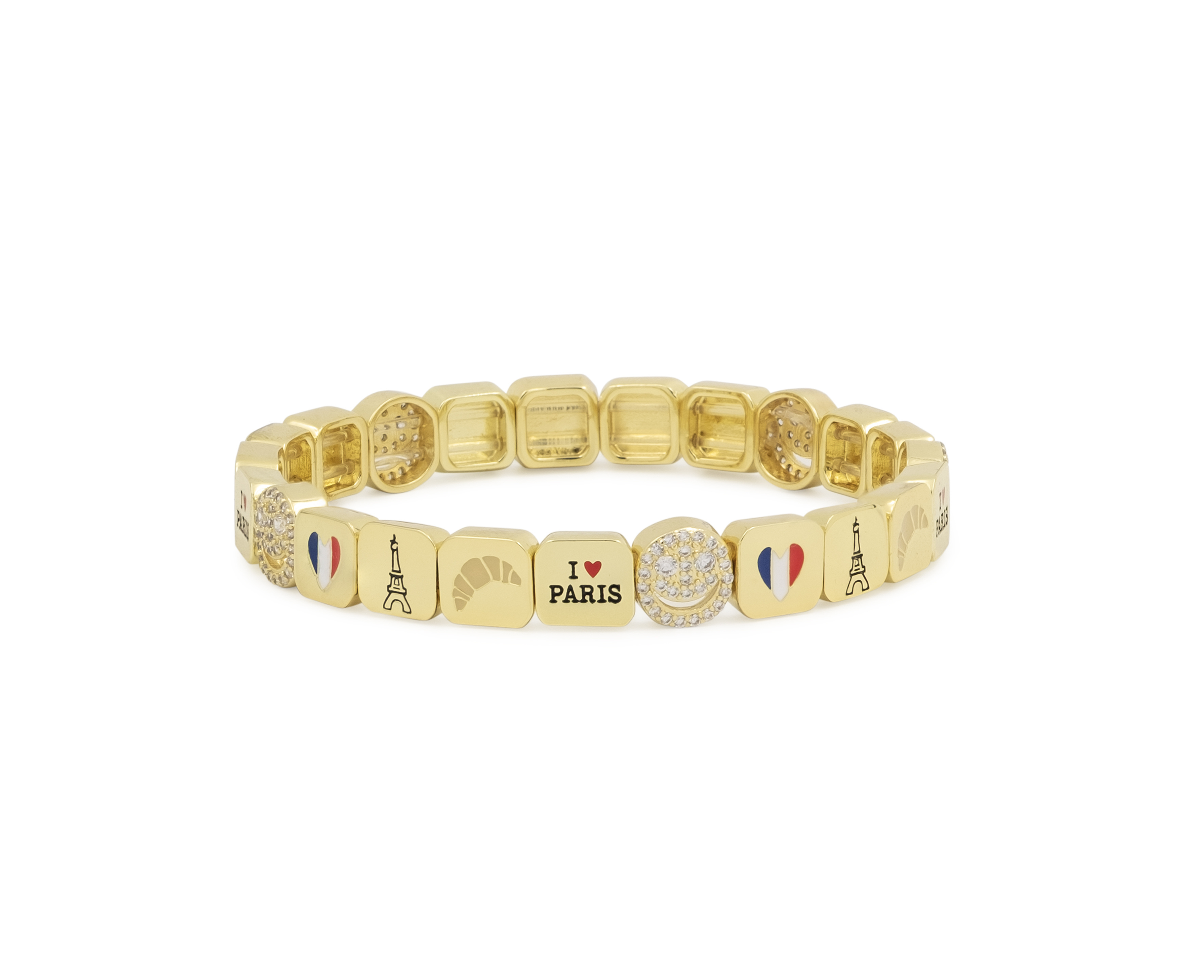 Gold bracelet with various charms on a white background