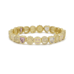 Gold bracelet with various emoji charms on a white background