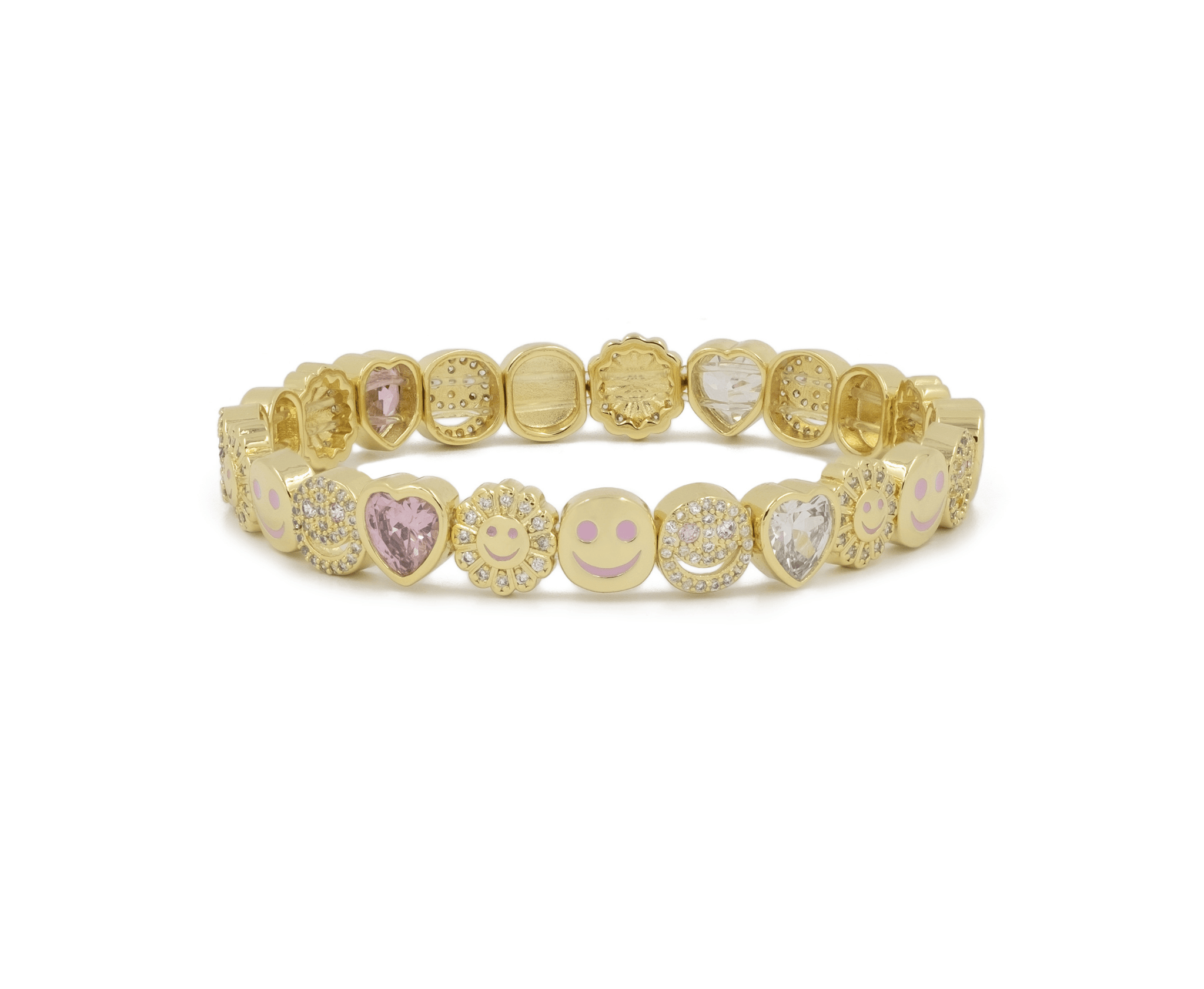 Gold bracelet with various emoji charms on a white background