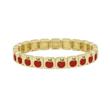 Gold bracelet with red apple charms on a white background