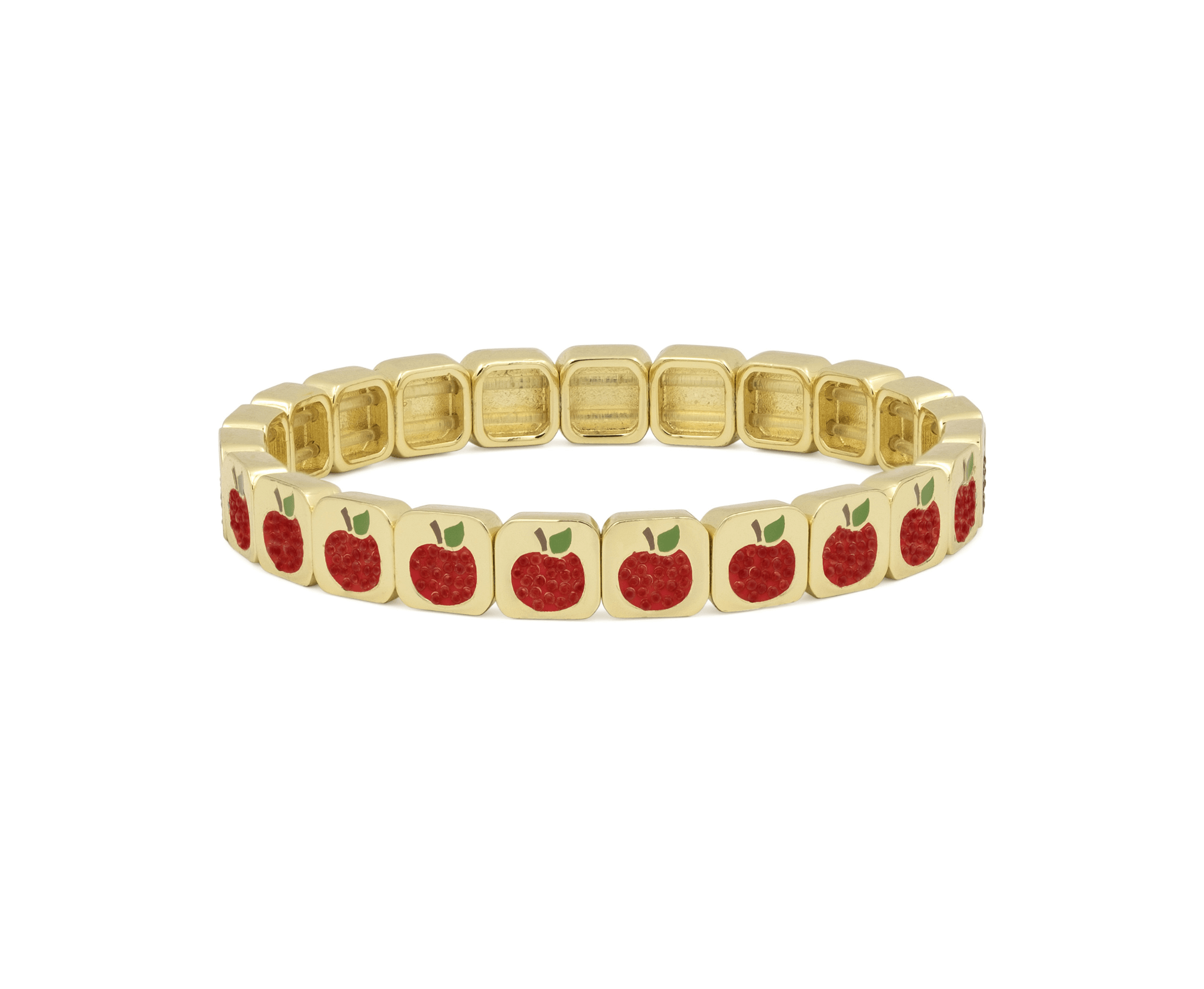 Gold bracelet with red apple charms on a white background