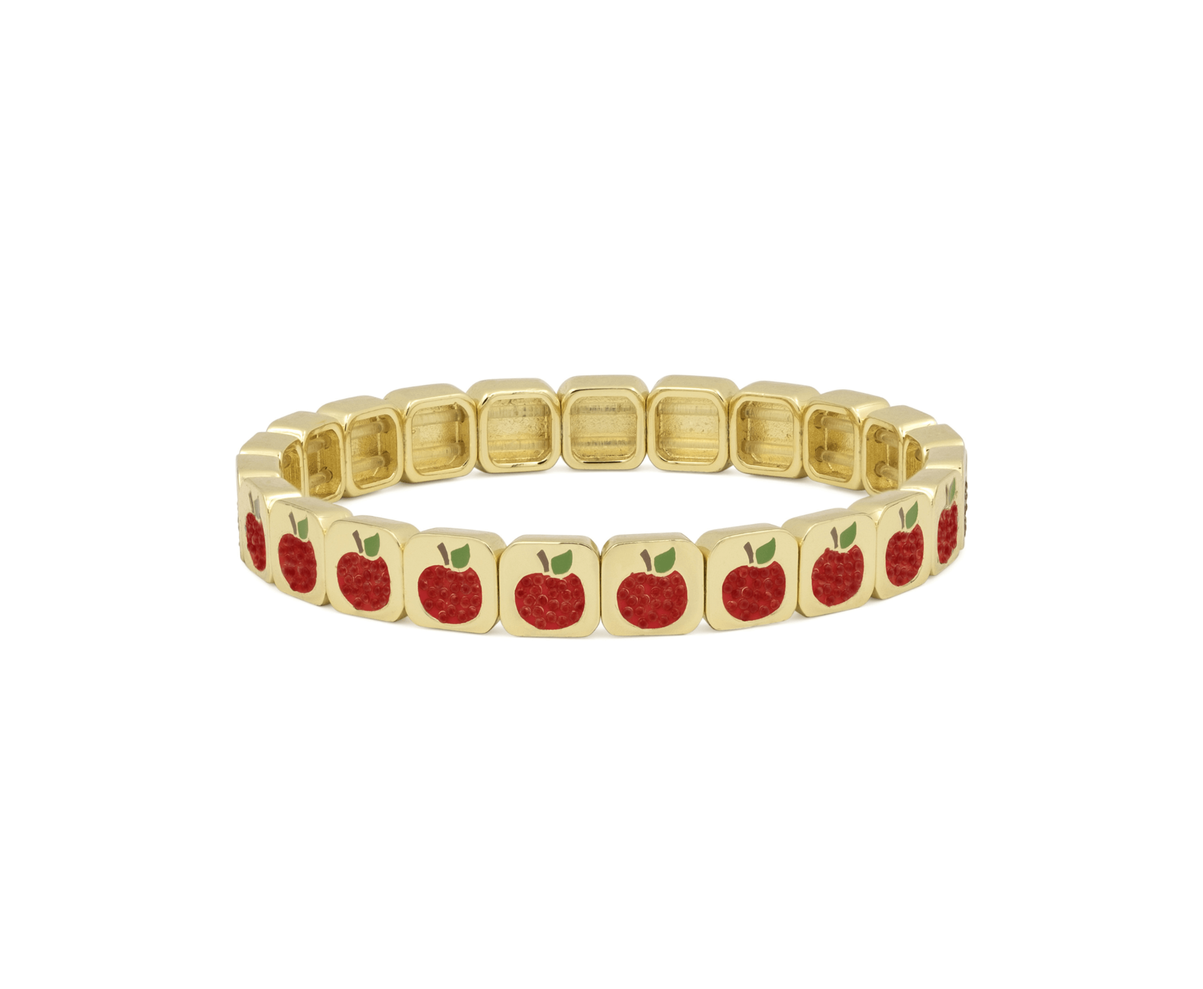 Gold bracelet with red apple charms on a white background
