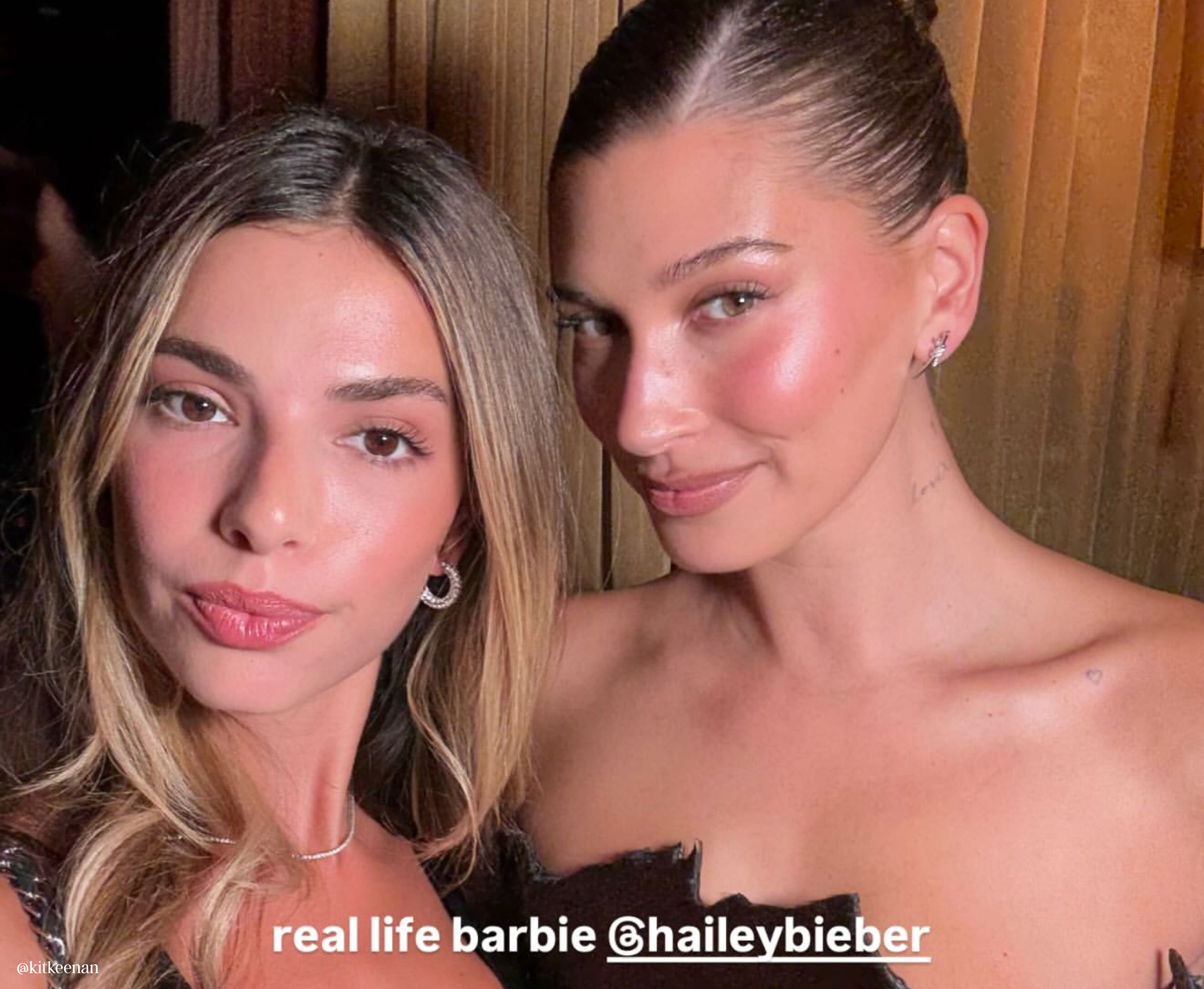 Two women posing together with text overlay 'real life barbie @haileybieber'.