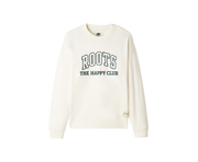 An off-white crewneck sweatshirt featuring 'ROOTS THE HAPPY CLUB' printed in dark green on the chest, displayed against a solid white background.