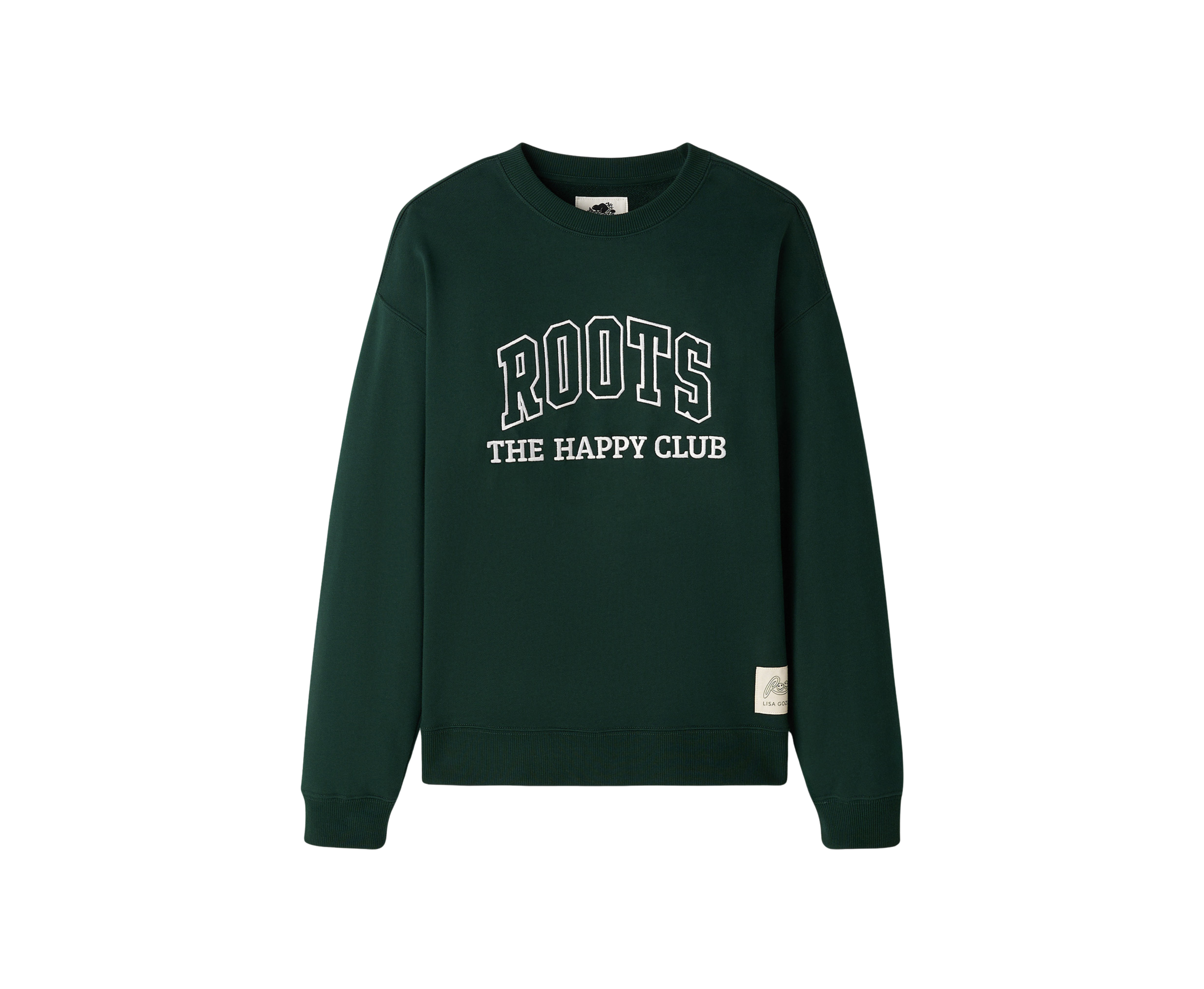 A dark green crewneck sweatshirt with 'ROOTS THE HAPPY CLUB' printed in white on the chest, displayed on a clean white background.