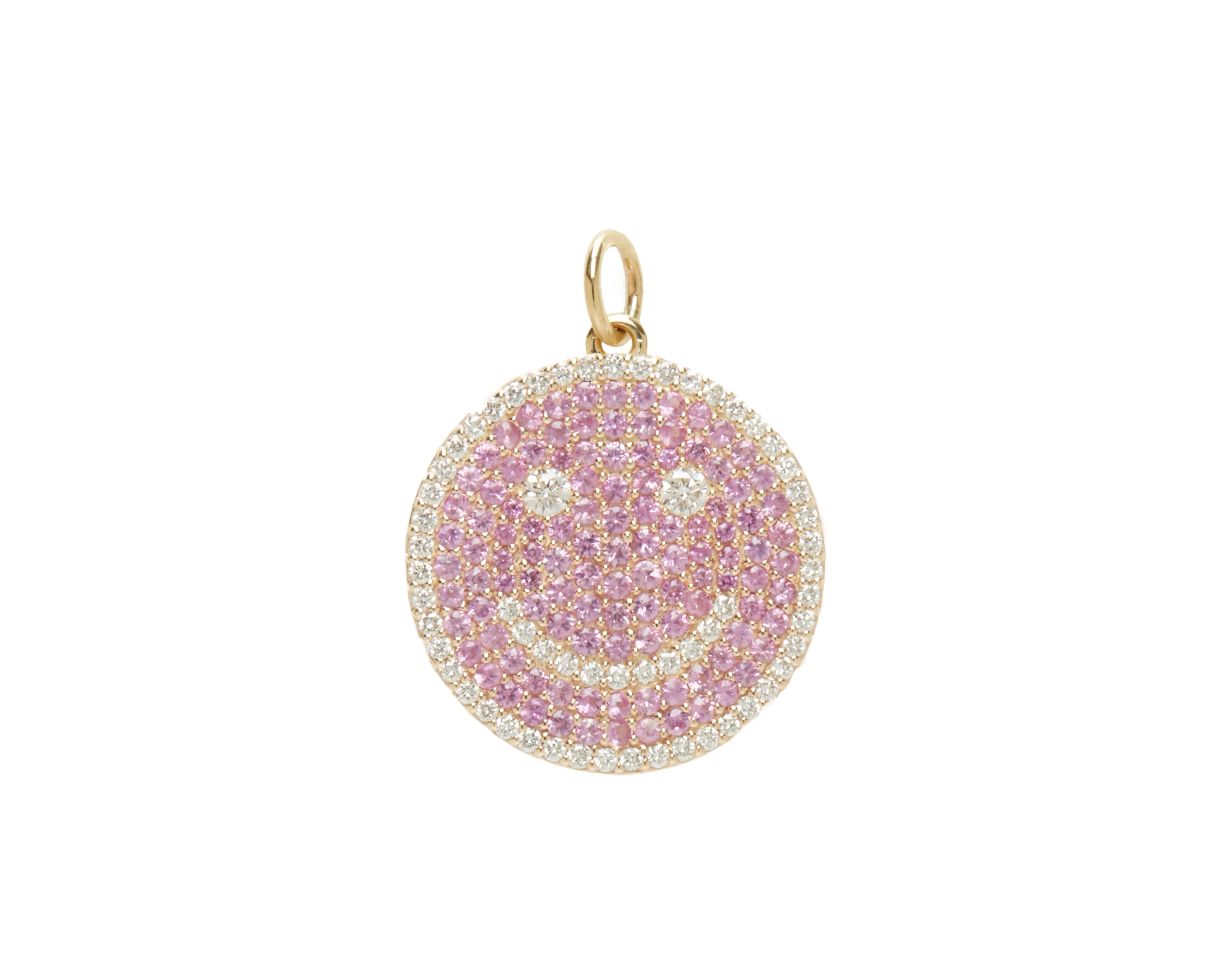 Pavé happy face pendant in 14K yellow gold with pink and clear stones