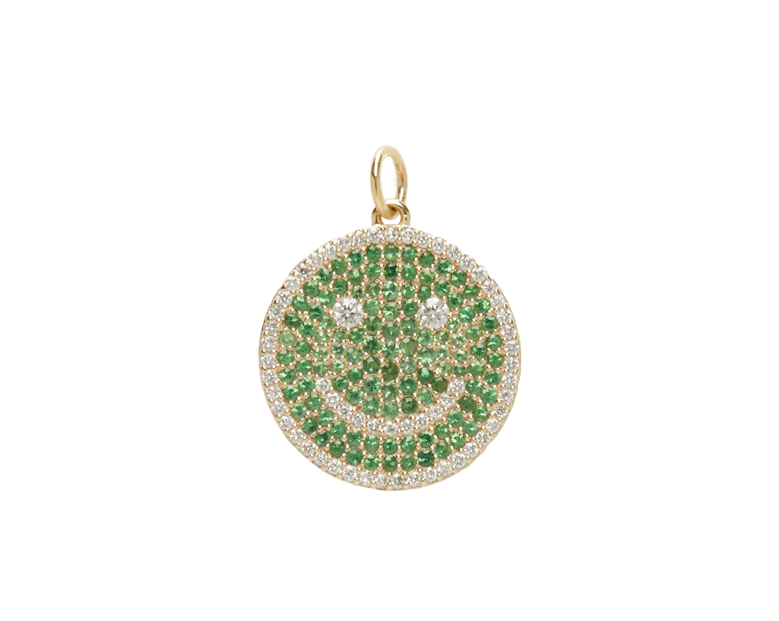 Pavé happy face pendant in 14K yellow gold with green and white gemstones